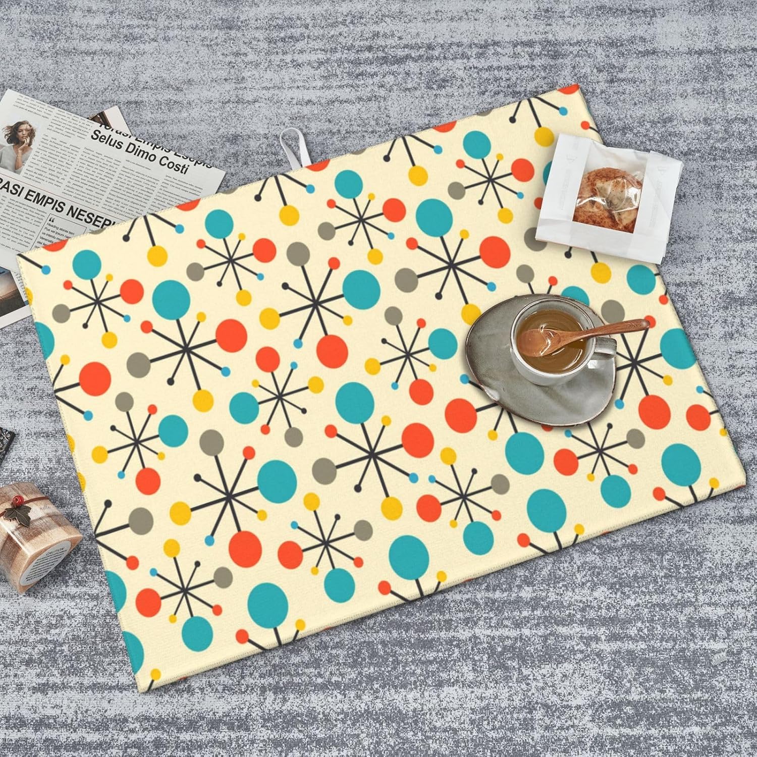 Mid Century Fifties Modern Atomic Retro Dish Drainer Mat for Kitchen Counter Yellow Decor Dish Drying Mat Washable Absorbent Coffee Drying Pad Kitchen Accessories 18"x24"