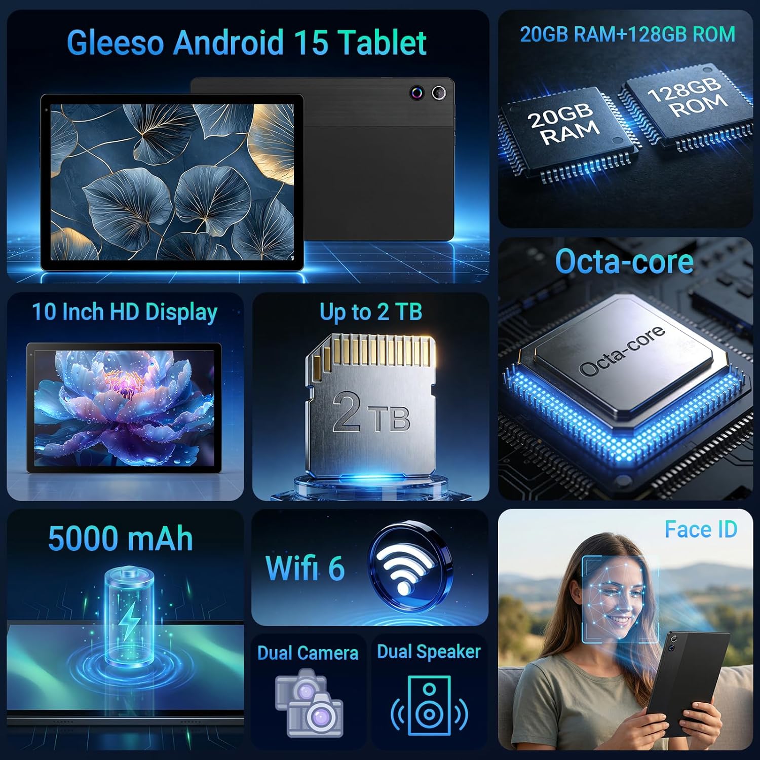Gleeso Tablet, Android Tablet 10 Inch, 20GB+128GB+2TB, Android 15 Tablet with Octa-core, IPS HD Display, 5000mAh Battery, Fast Charging, Face ID, Dual Camera, Slim, Black