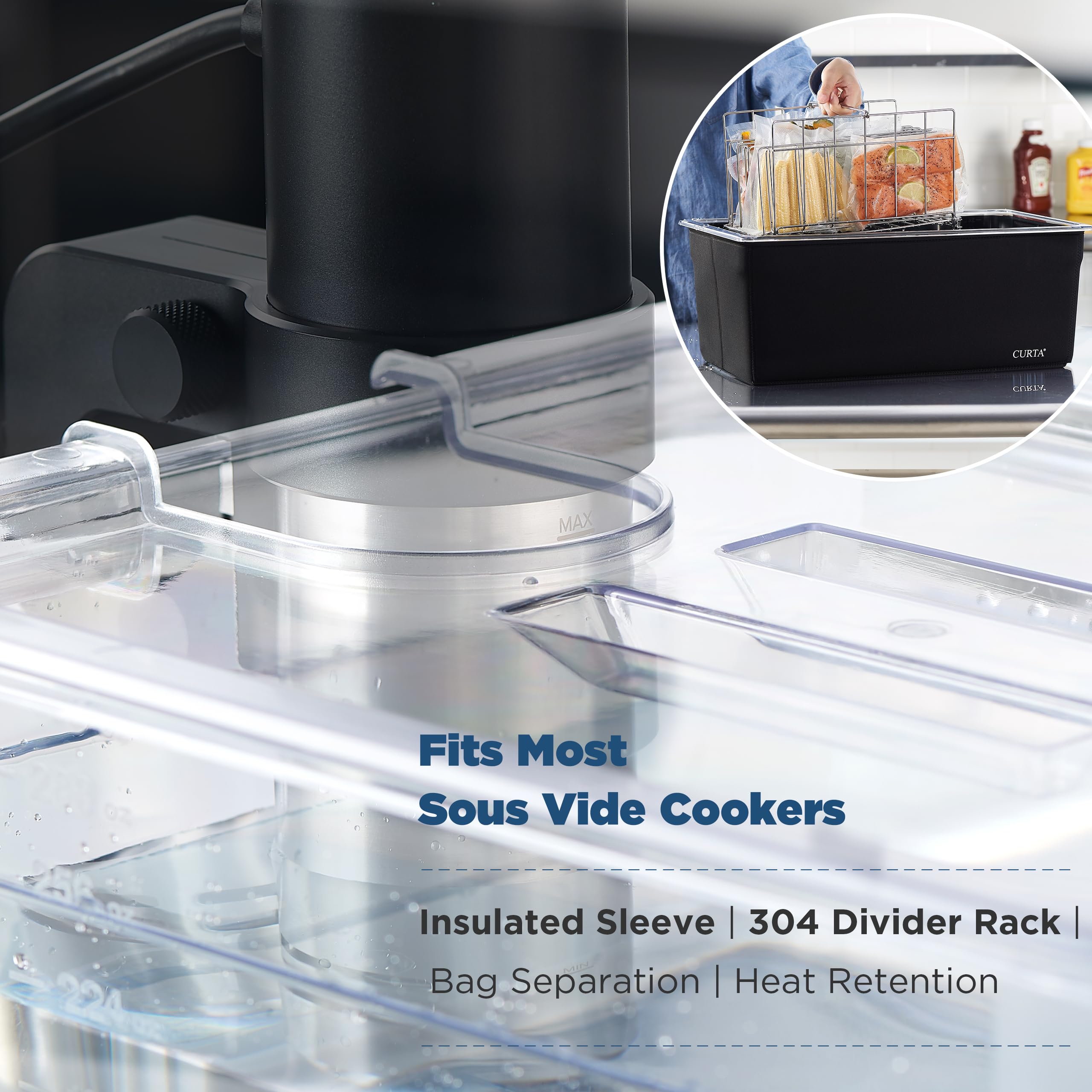 26 Qt Sous Vide Container Kit with Notched Lid, Divider Rack & Insulating Sleeve, 1/1 Full Size Polycarbonate Water Bath, Fits Anova and Most Cookers (Immersion Circulator NOT Included)