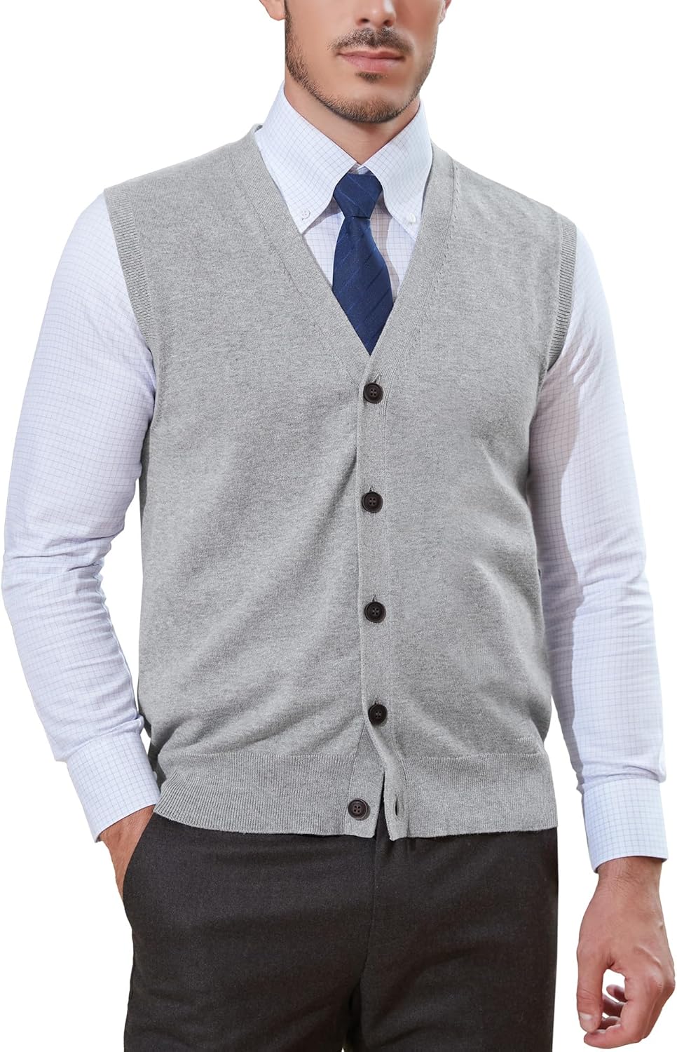 Kallspin Men’s Button Down Sweater Vest Lightweight Knitted Pure Cotton V-Neck Sleeveless Cardigans