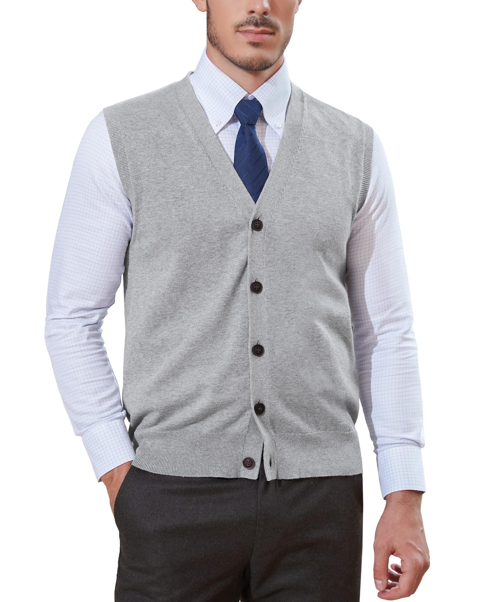 Kallspin Pullover para hombres de puro algodón tejido a punto cuello en V unicolor de ajuste regular sin mangas y con dobladillo acanalado