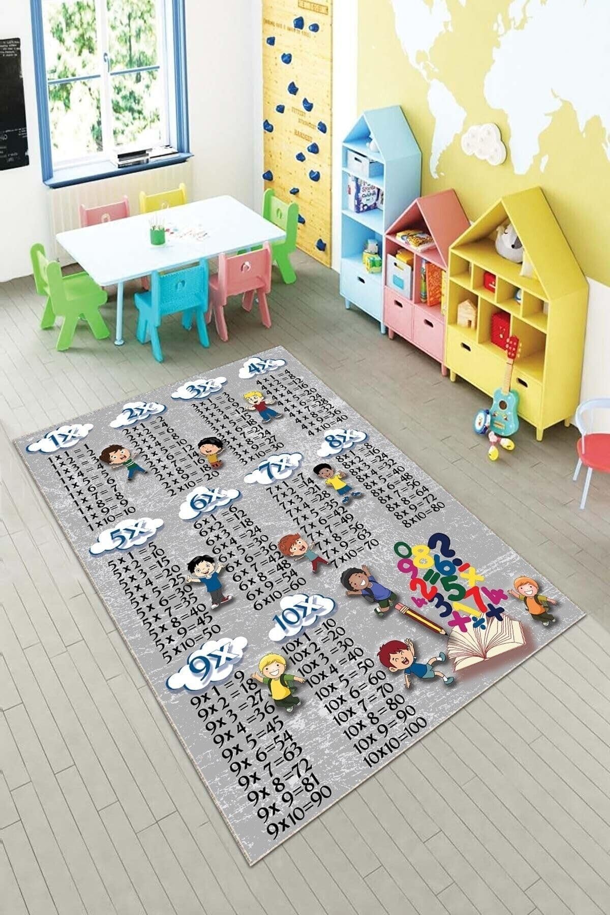 Pelangi Gri Çarpım Taplosu Eğitici Yıkanabilir Kaymaz Taban Leke Tutmazbebek Ve Çocuk Odası Halısı, Koyu Gri 130 x 180