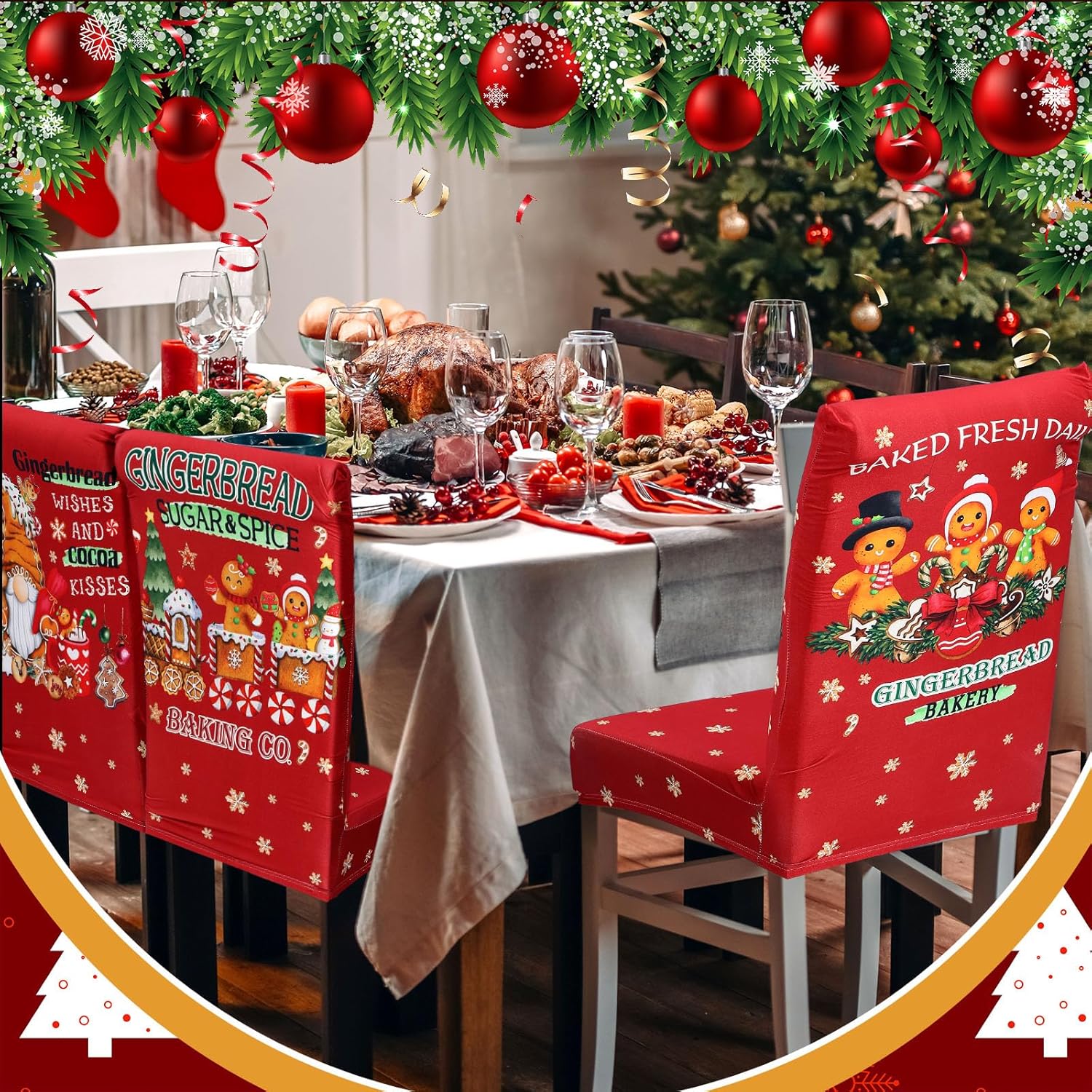 Moukeren 6 Pcs Christmas Dining Chair Covers Removable Washable Stretch Slipcovers for Xmas Restaurant Farmhouse Kitchen Hotel Decor Supplies(Gingerbread Man)