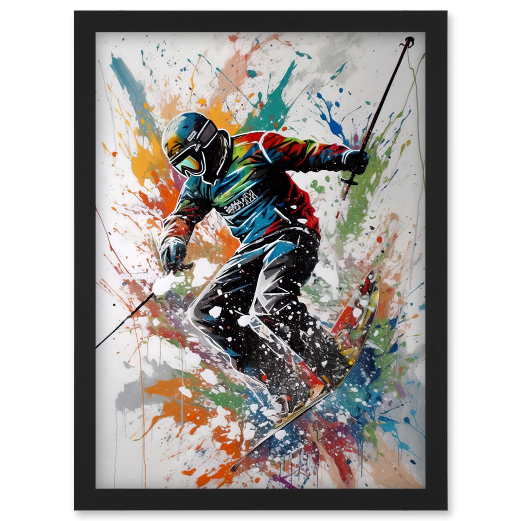 Artery8 Skier Skiing Multicoloured Paint Splat Action Shot Artwork Framed Wall Art Print A4