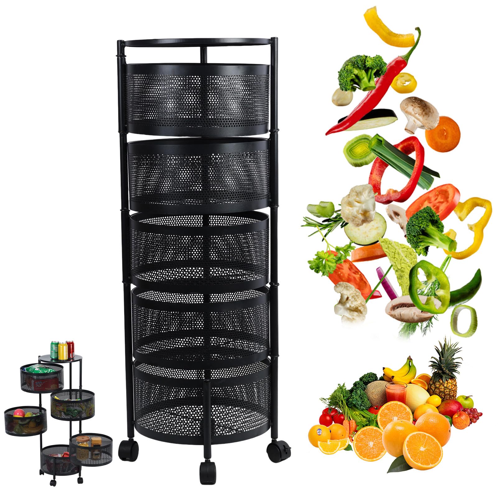Corbeille à fruits en acier carbone noir avec paniers de rangement à roues
