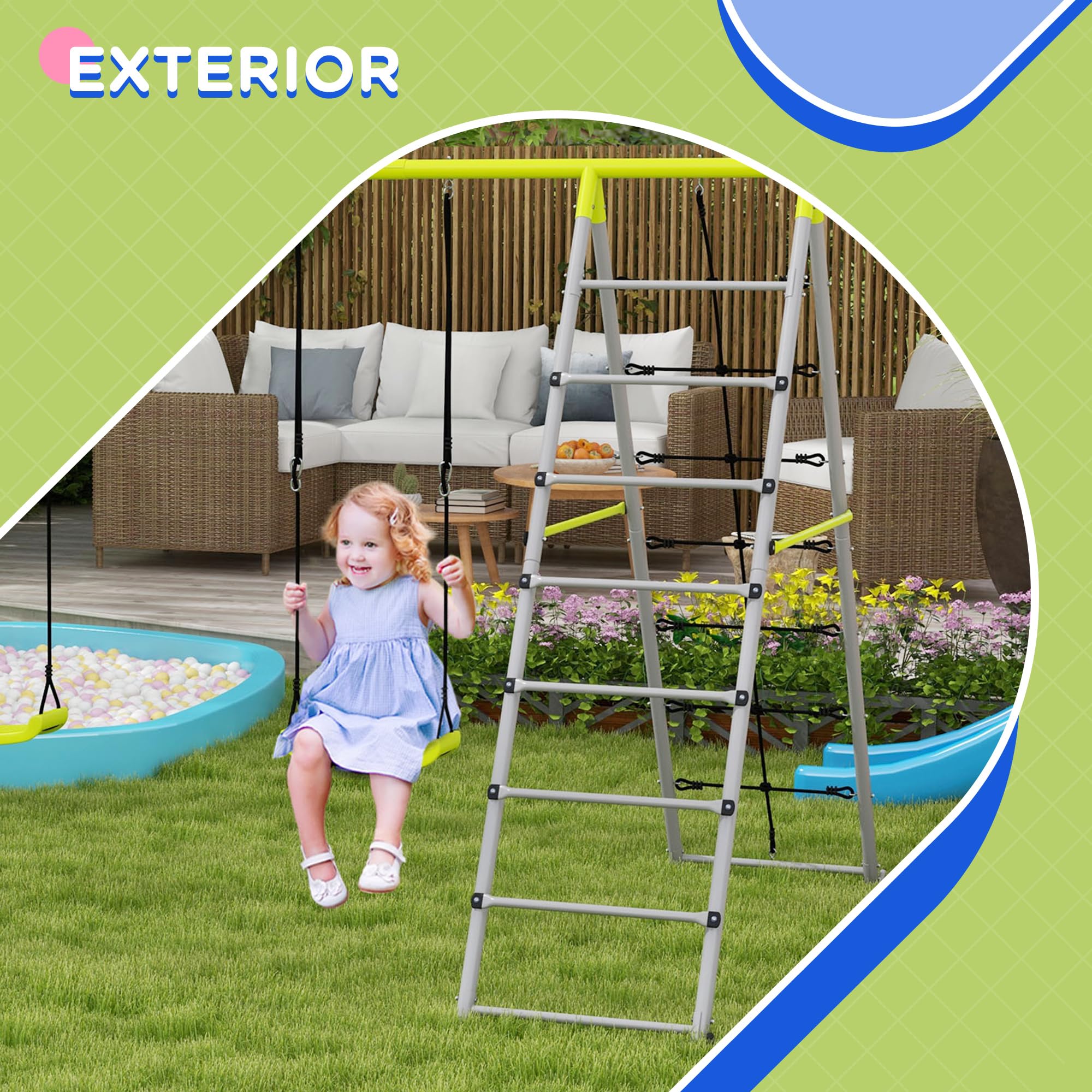 Outsunny Columpio 4 en 1 para Niños con 2 Sillas, Trepador, Red de Escalada, Cuerda Ajustable y Anti-UV, Jardín Exterior, Carga 180 kg, 260x185x180 cm, Gris y Verde