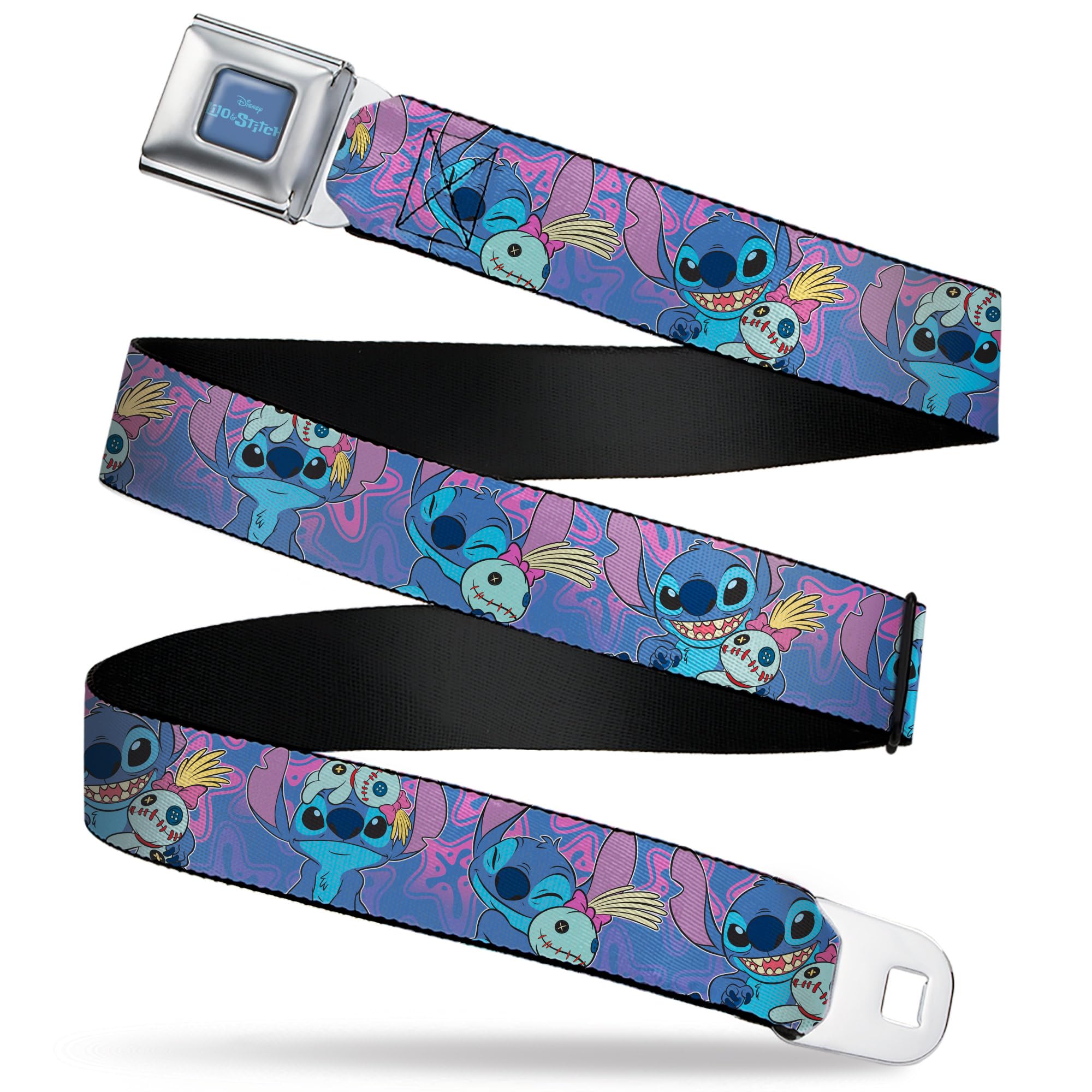 Disney Belt, Seatbelt Buckle Belt, Lilo and Stitch Stitch and Scrump Poses Blues Purples, Adjustable, Multicolor, 3.81 cm Wide
