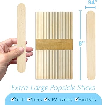 JCS8NATURAL50 Jumbo Wood Craft Sticks 8 Inch 50 Pack, Jumbo Popsicle Sticks for STEM Learning, DIY Crafts, Fan Handles | Extra-long wood craft sticks, 8 x 1 in, for larger projects, DIY fans, signs and classroom activities.