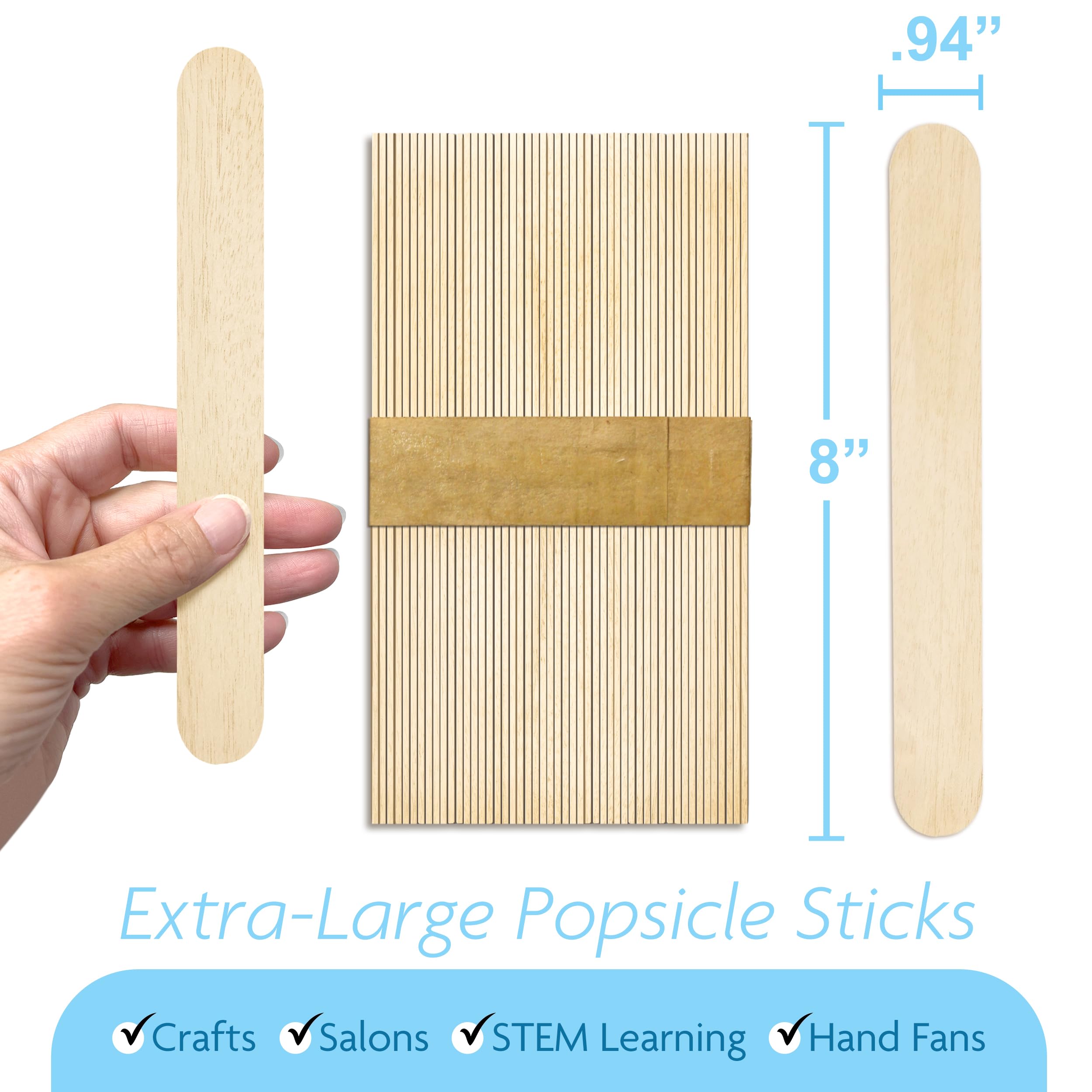 50 Pack, CraftySticks 8 Inch Jumbo Wooden Craft Popsicle Sticks for STEM Learning, DIY Crafts, Fan Handles