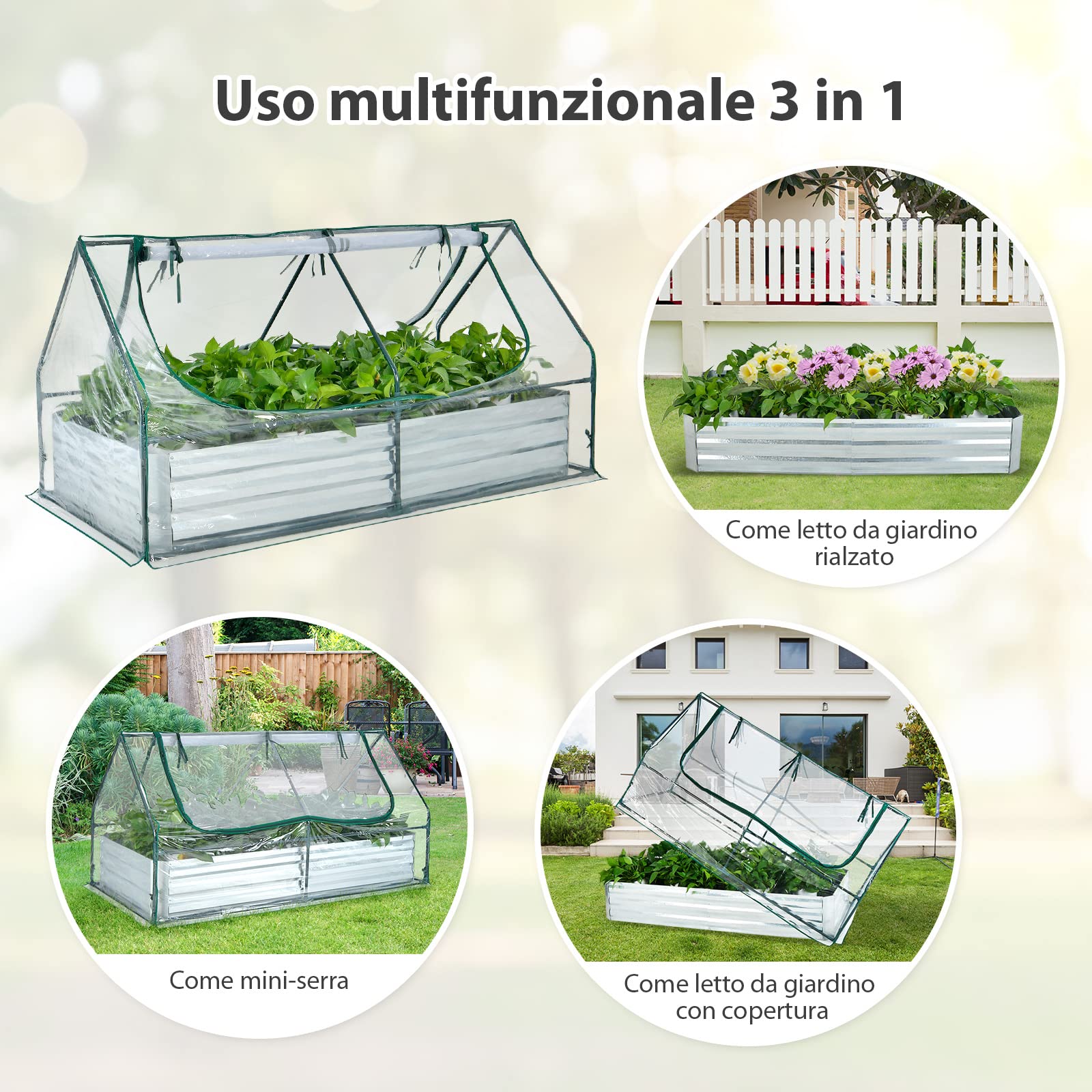 SIMPO Sistema Giardino 3 In 1 – Aiuola Rialzata In Tessuto + Serra + Rete Protettiva 112x112x155 Cm