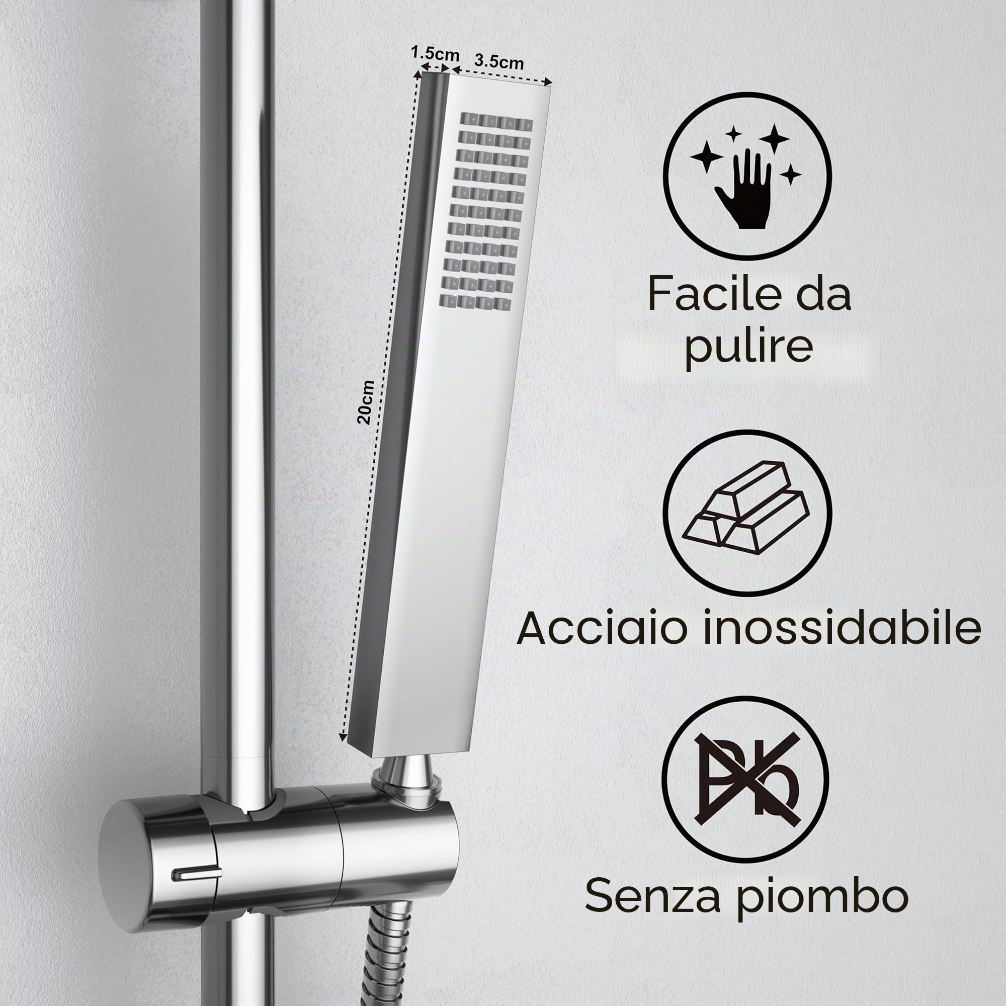 Görbach Colonna Doccia in Acciaio Inox con Mensola per Doccia, Barra Doccia 70cm Asta Doccia Saliscendi con Inox Doccetta, Supporto per Soffione Doccia e Tubo per Bagno, Rettangolare, Cromato