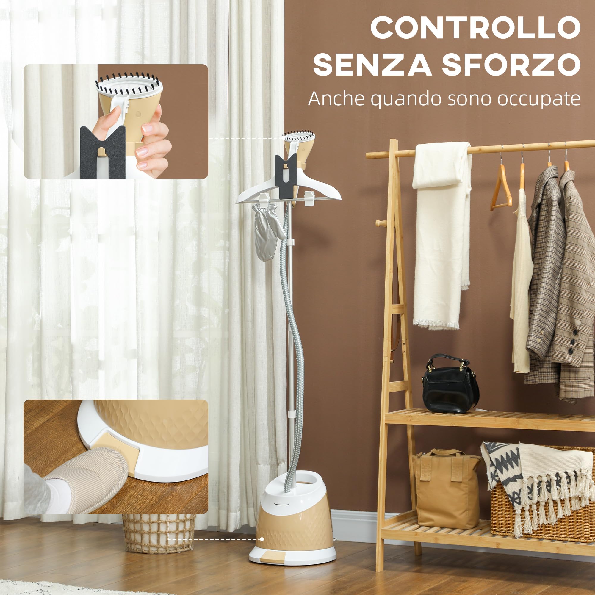 HOMCOM Ferro da Stiro Verticale a Vapore 1800W con Serbatoio 1.8L Oro | Stiratrice Stirella Verticale, Piastra Alluminio, Regolabile, Asta Telescopica, Accessori Abiti Tende Divani