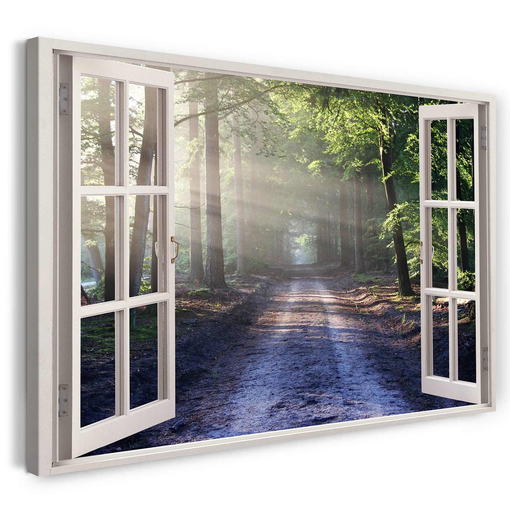 Print on Canvas (120x80 cm) view from the window - path in the forest nature sun rays plants - nature photography, real wood frame with hook