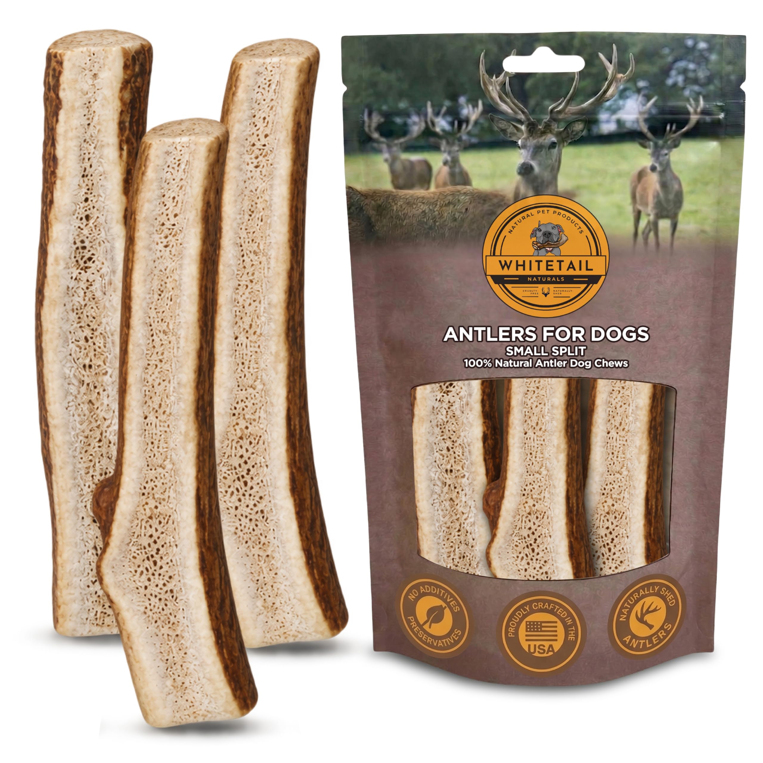 HUOXIG Whitetail Naturals Premium Split Elch Geweih für Hunde, 3er-Pack, klein, natürliches Geweih-Horn, 10,2 bis 12,7 cm lang, für kleine Aggressive Kauer