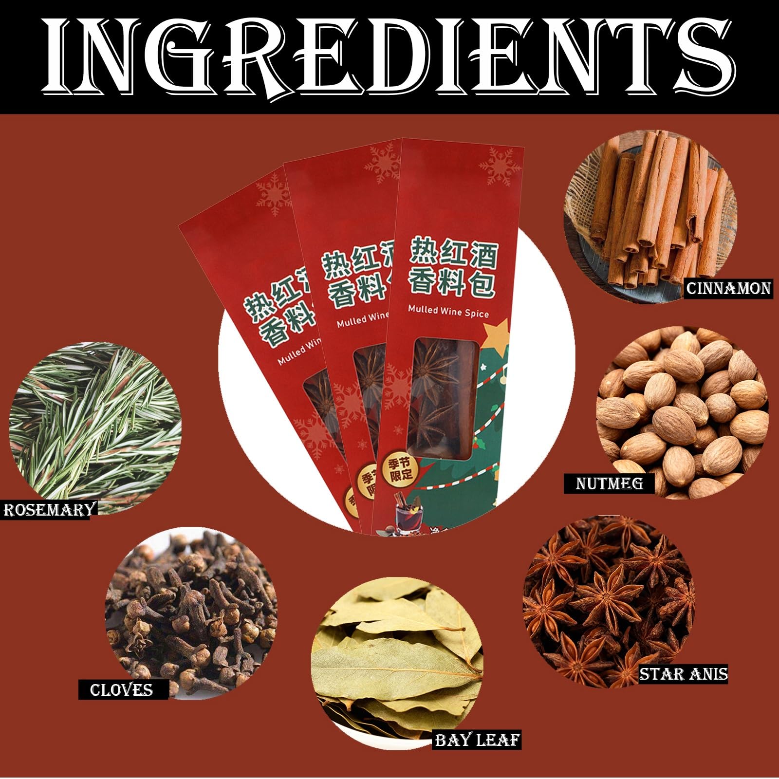 Kit de Especias para Vino Caliente con Canela, Naranjas Secas, Clavo y Anís Estrellado, para Sidra de Manzana, Vino Caliente, Glühwein y Bebida Navideña Hot Toddy. 5 Paquetes.