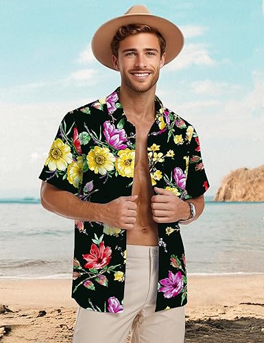 Miniatura 3 de Pegeno Camisa de manga corta, con botones completos, estampado floral, hawaiano para hombre