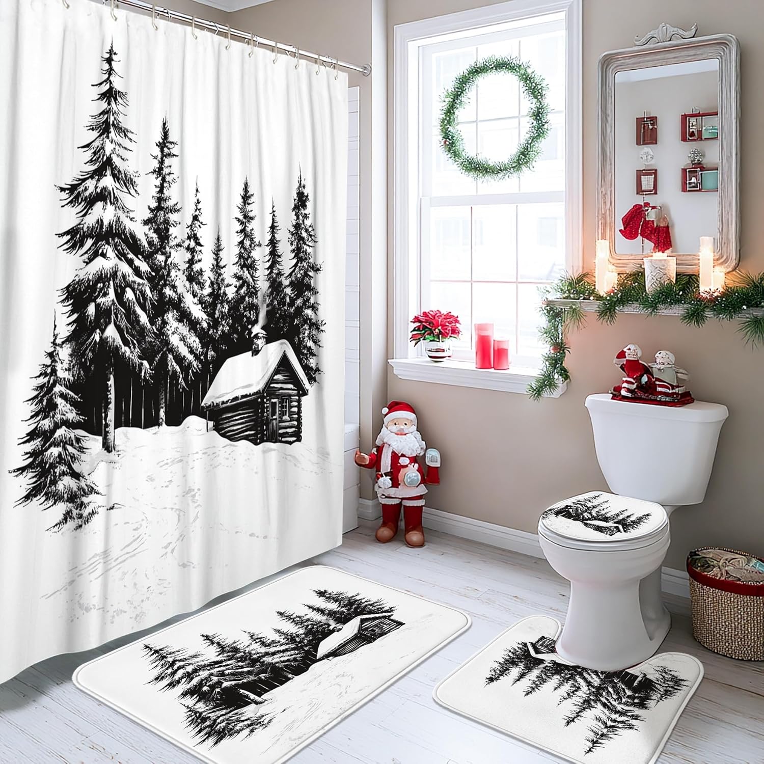 4PCS Winter Farmhouse Christmas Bathroom Sets with Non-Slip Rug, U Shape Toilet Lid Cover Mat, Forest Country Snow Xmas Bathroom Decoration 72''x72''
