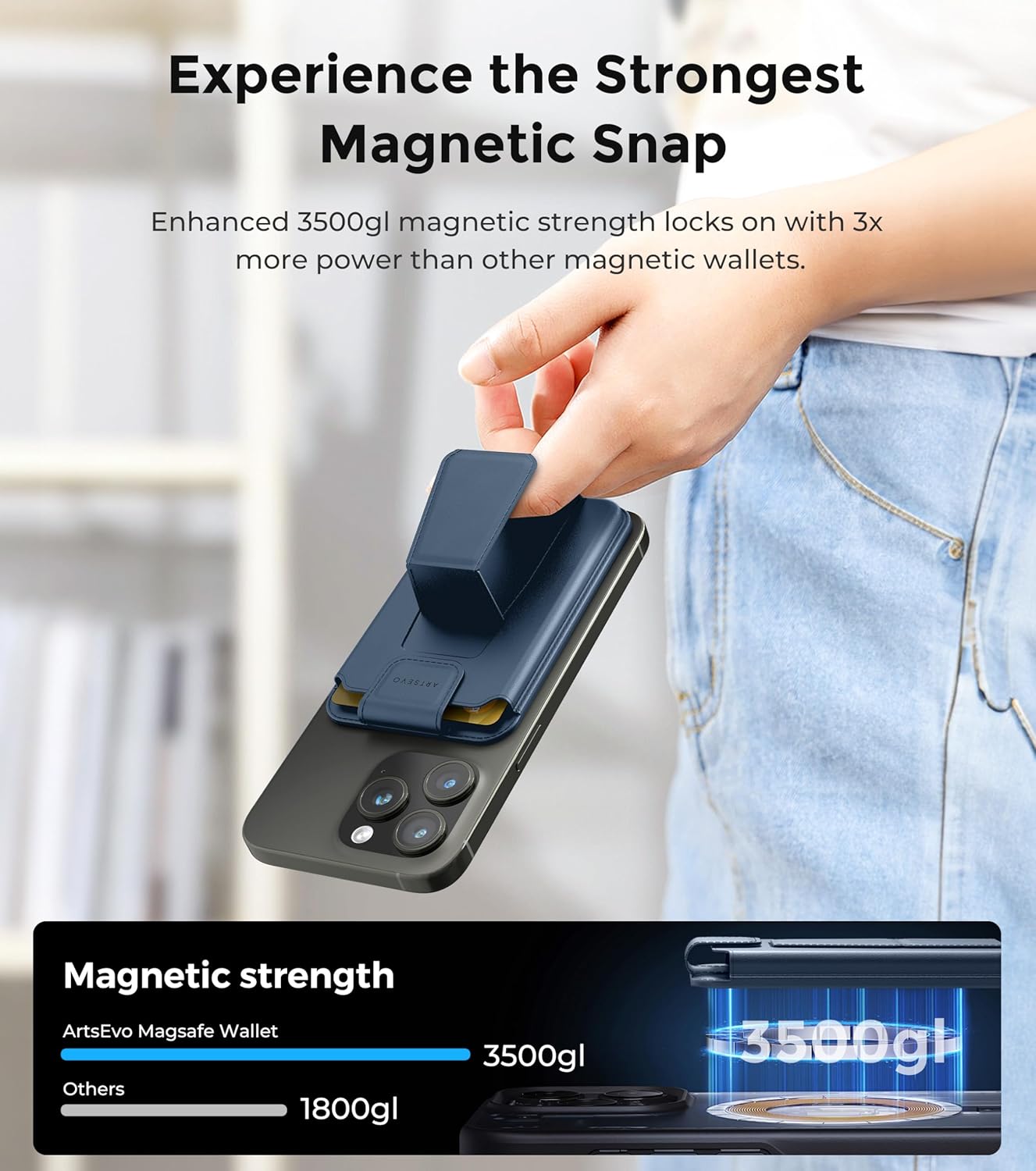 ArtsEvo Magnetic Wallet with Stand and Finger Loop, Up to 3,000g Magnet Strength, Compatible with iPhone Magnetic Wallet for iPhone 17/16/15/14/13/12 Series (Not for 13/12 Mini). Max 3 Card Holder