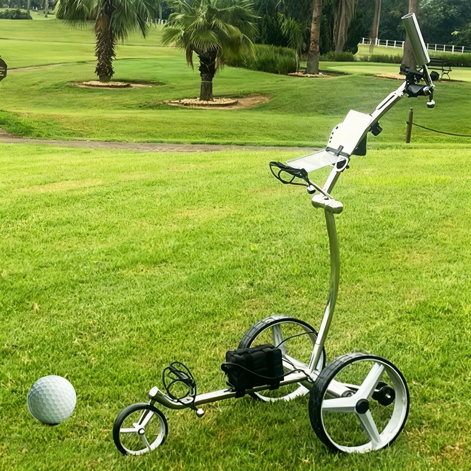 Carrito de golf motorizado con control remoto, carrito eléctrico de 3 ruedas resistente con motor de 400 W, marco de acero resistente, freno de pie, red de malla y soportes