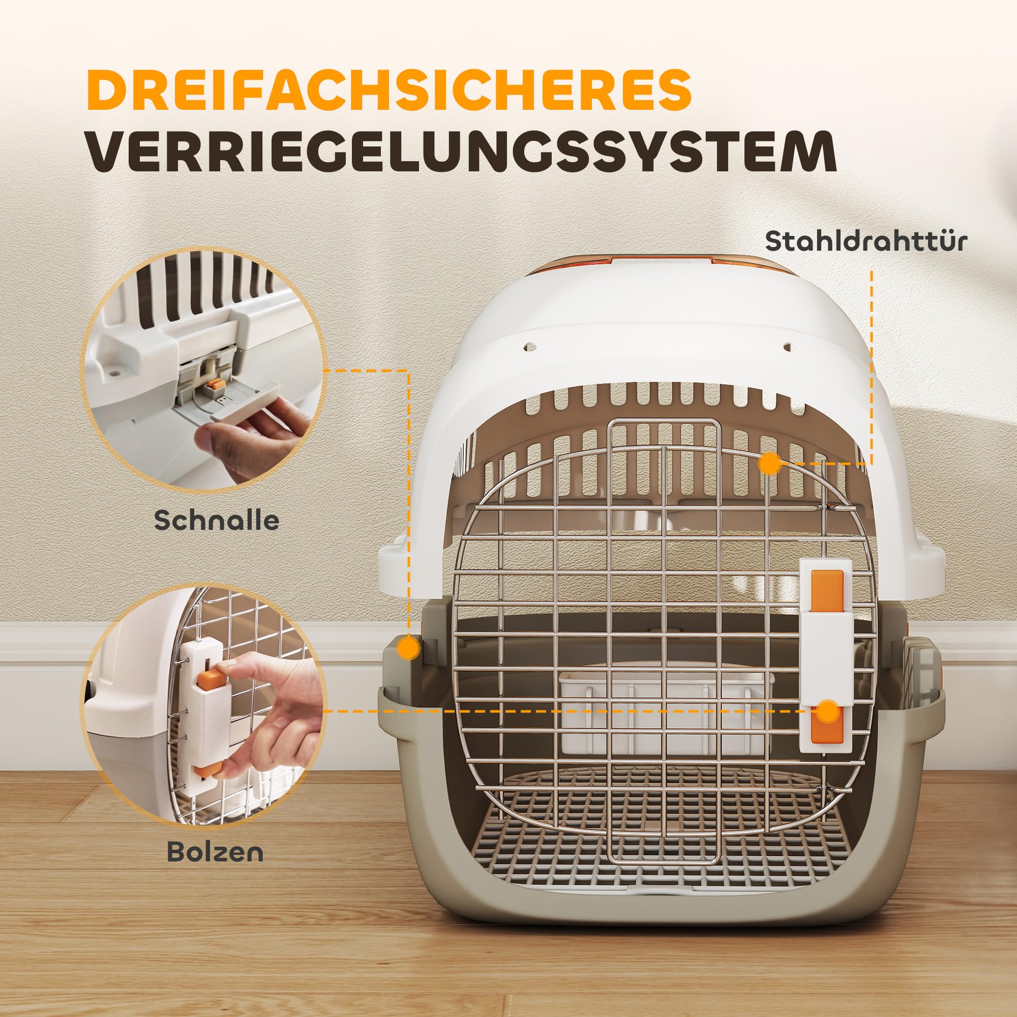 PawHut Transportbox Hundetransportbox für Katze Miniaturhunde bis 4kg 49x32x31cm Hundebox mit Dachöffnung Futternapf Sicherheitsverschluss Katzenbox aus Kunststoff mit Stahlgitter Hellgrau