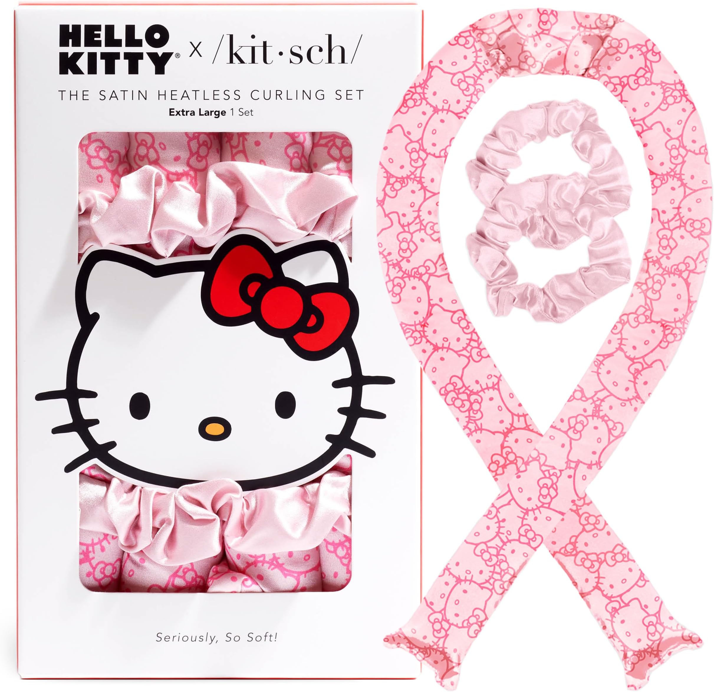Hello Kitty x Kitsch Satin Heatless Hair Curler Set - Heatless Curls Overnight, Hair Rollers for Soft Curls & Frizz-Free Styling, No Heat Curlers To Sleep in, Curling Rod Headband - Pink Kitty Faces