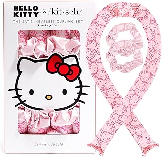 Hello Kitty x Kitsch Satin Heatless Hair Curler Set - Heatless Curls Overnight, Hair Rollers for Soft Curls & Frizz-Free Styling, No Heat Curlers To Sleep in, Curling Rod Headband - Pink Kitty Faces