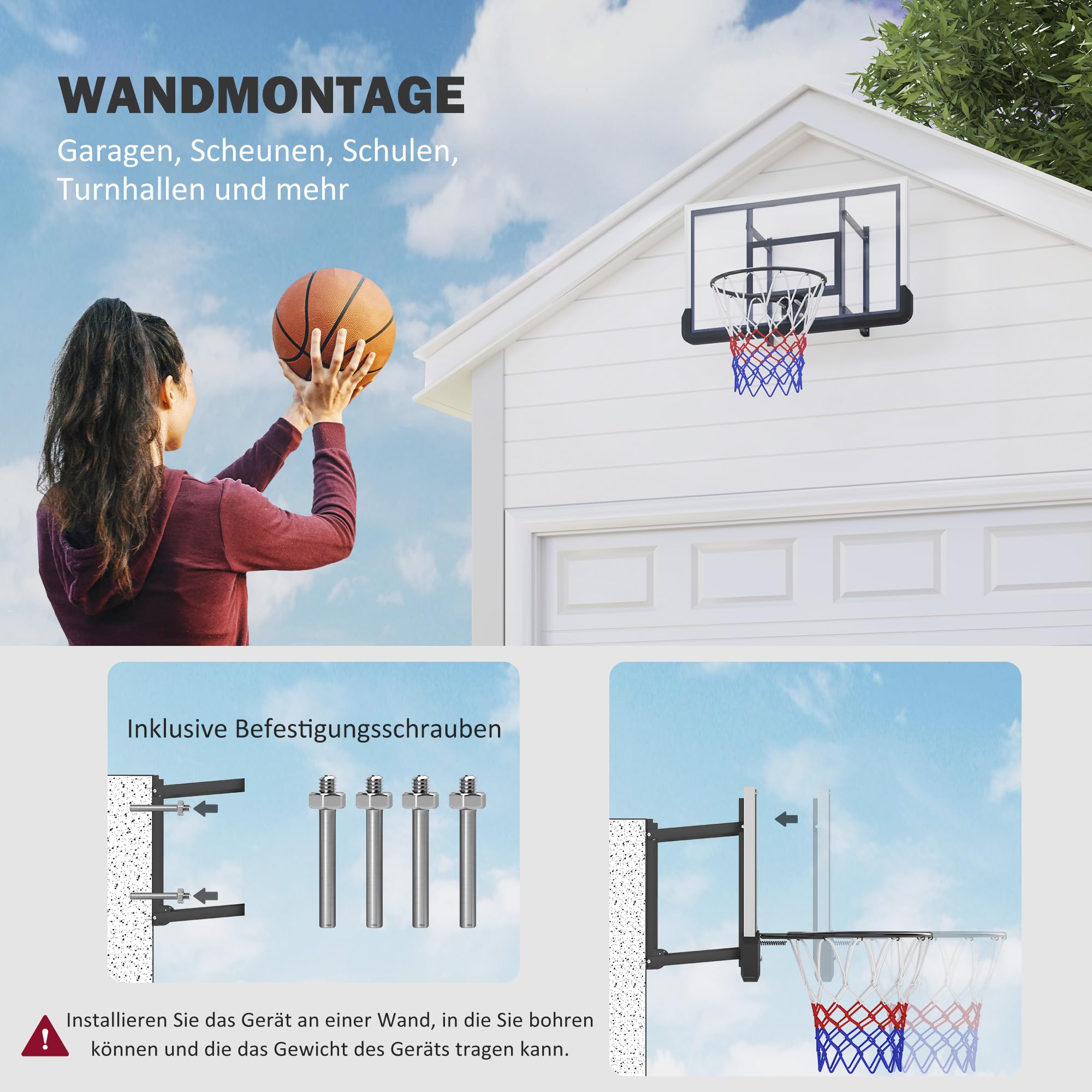 SPORTNOW canestro con tabellone per esterni e interni, tabellone da basket con canestro in acciaio Ø45 cm e rete, montaggio a parete, tabellone da basket per adulti, nero