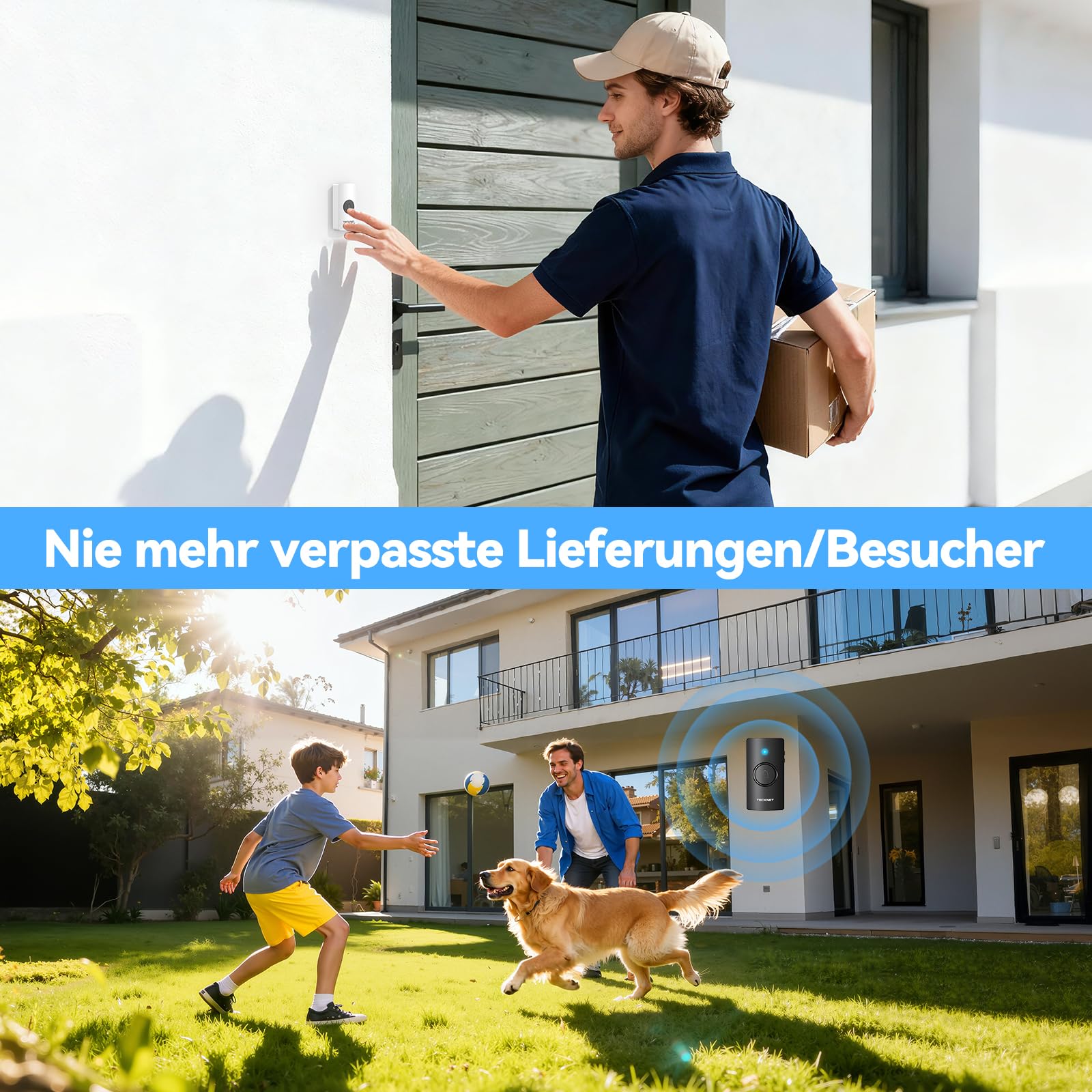 TECKNET Funkklingel, Funkklingel Batteriebetrieben mit 3 Empfänger 1 Sender, 400m Reichweite IP67 Funkklingel aussen wasserdicht, Kabellose Türklingel, Haustür Klingel mit 5 Lautstärken 60 Melodien