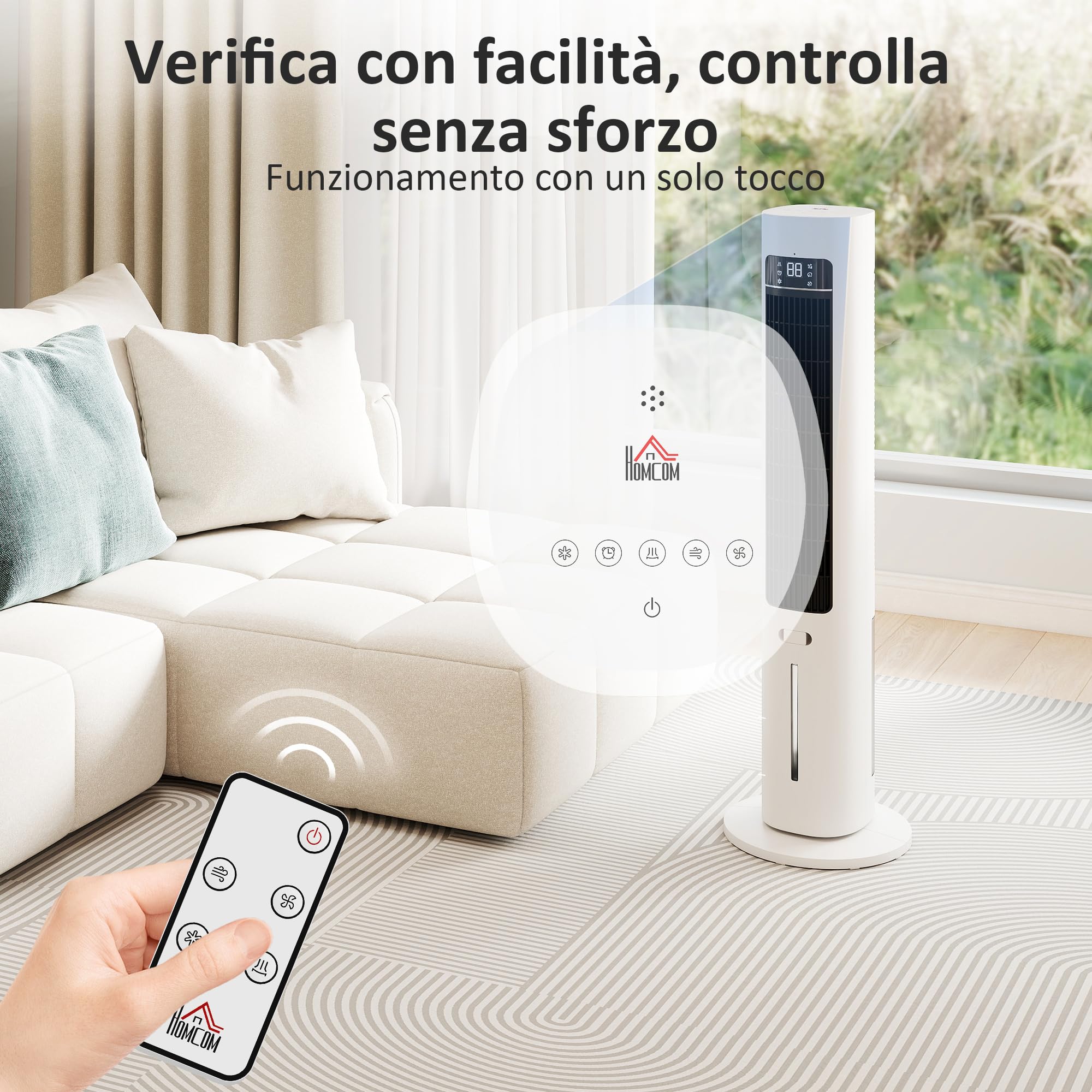 HOMCOM Condizionatore Portatile 3-in-1 con Serbatoio 3 Litri, Oscillazione 48°, 3 Velocità, 3 Modalità, Raffrescatore d'Aria a Torre, 2 Blocchi Refrigeranti, Telecomando, Casa Ufficio, Bianco