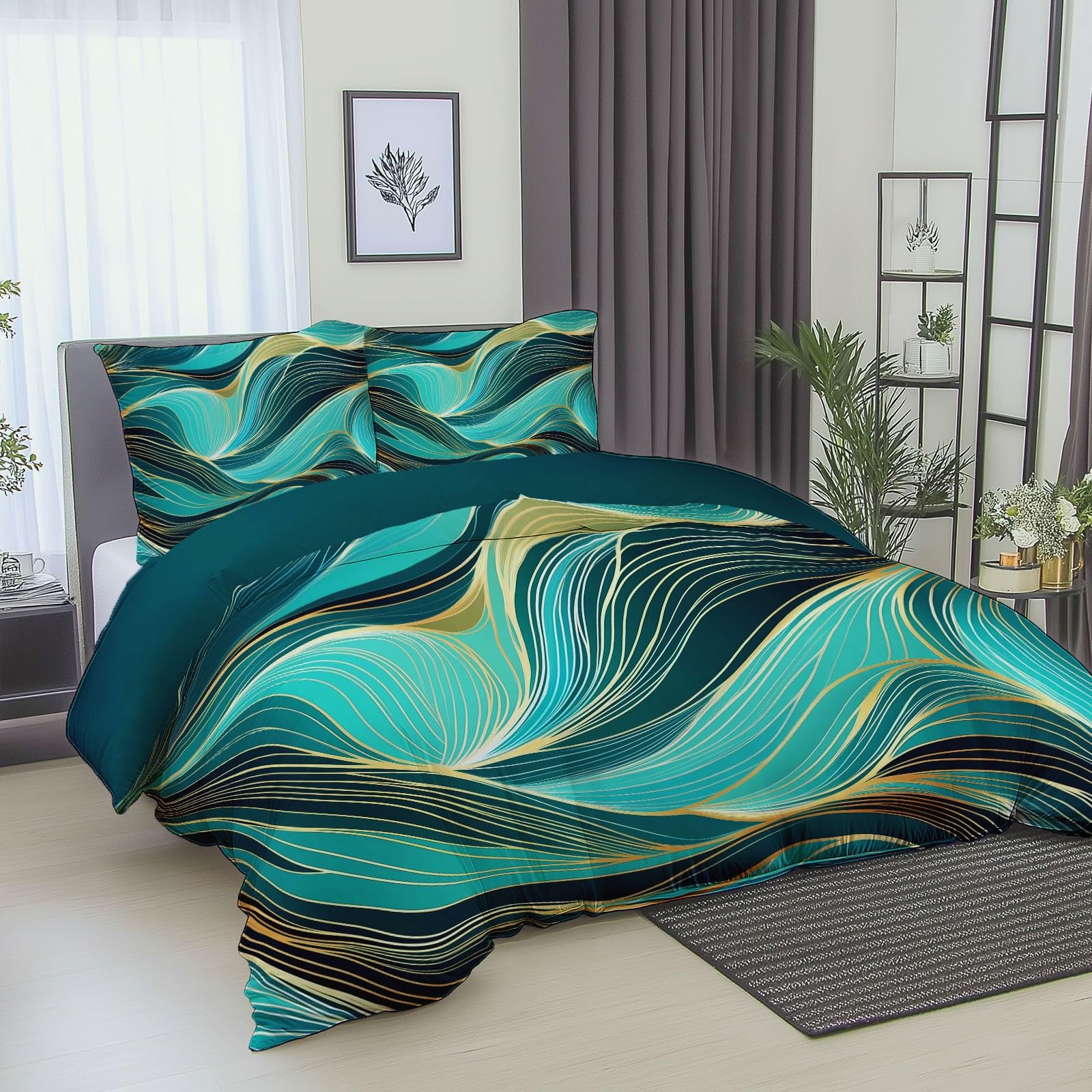 Poszwa na kołdrę 240x260 cm z mikrofibry, zestaw pościeli z abstrakcyjnymi falowanymi liniami z 2 poszewkami na poduszki z nadrukiem turkusowym dwustronna poszwa na kołdrę na 4 pory roku