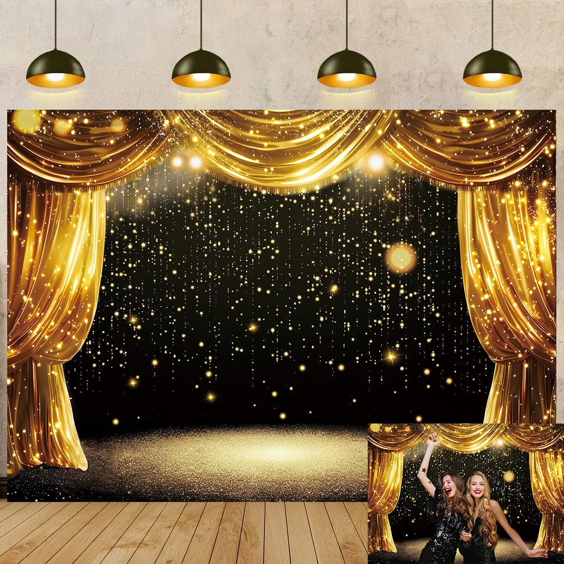 Sfondo nero oro nero con tende glitterate a pois teatrali fotografia sfondo adulti bambini VIP Carnevale laurea ballo di fine anno nuovo festa di compleanno in famiglia banner (2,3 x 1,8 m)
