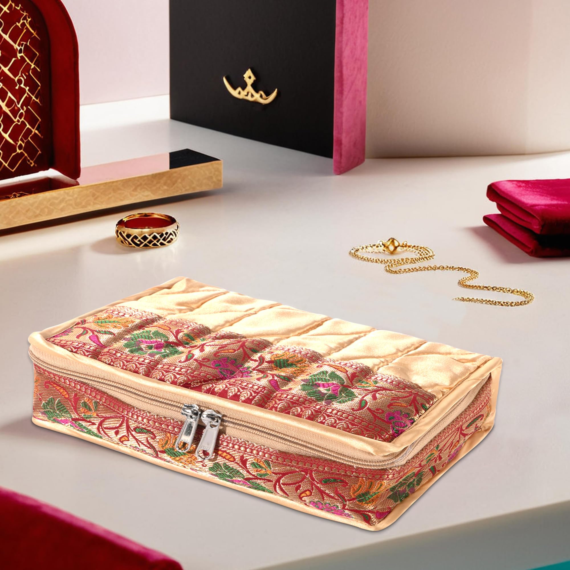 Kuber Industries Cotton Makeup Pouch Bag with 5 Compartments | Jewellery Organisers Pouch for Storage Earrings, Rings and Bracelets | Gota Lace Design - Cream