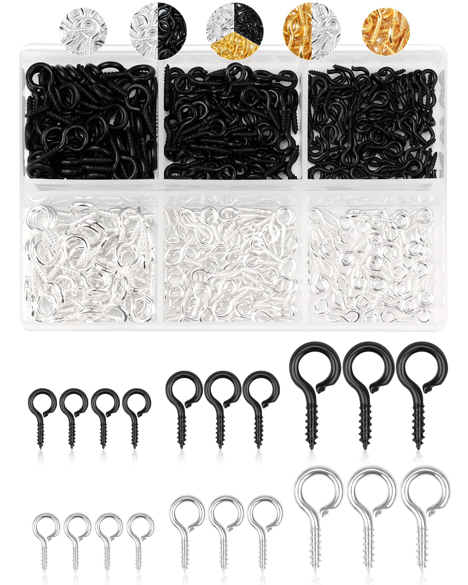 FIVEIZERO 450pcs Small Screw Eye Pins for Jewelry Making, 2 Color Mini Eye Hooks for Crafts &amp; Bead Charms, Tiny Eyelet Screws for Art Projects, DIY Pendant Findings (Silver &amp; Black, 3 Sizes)