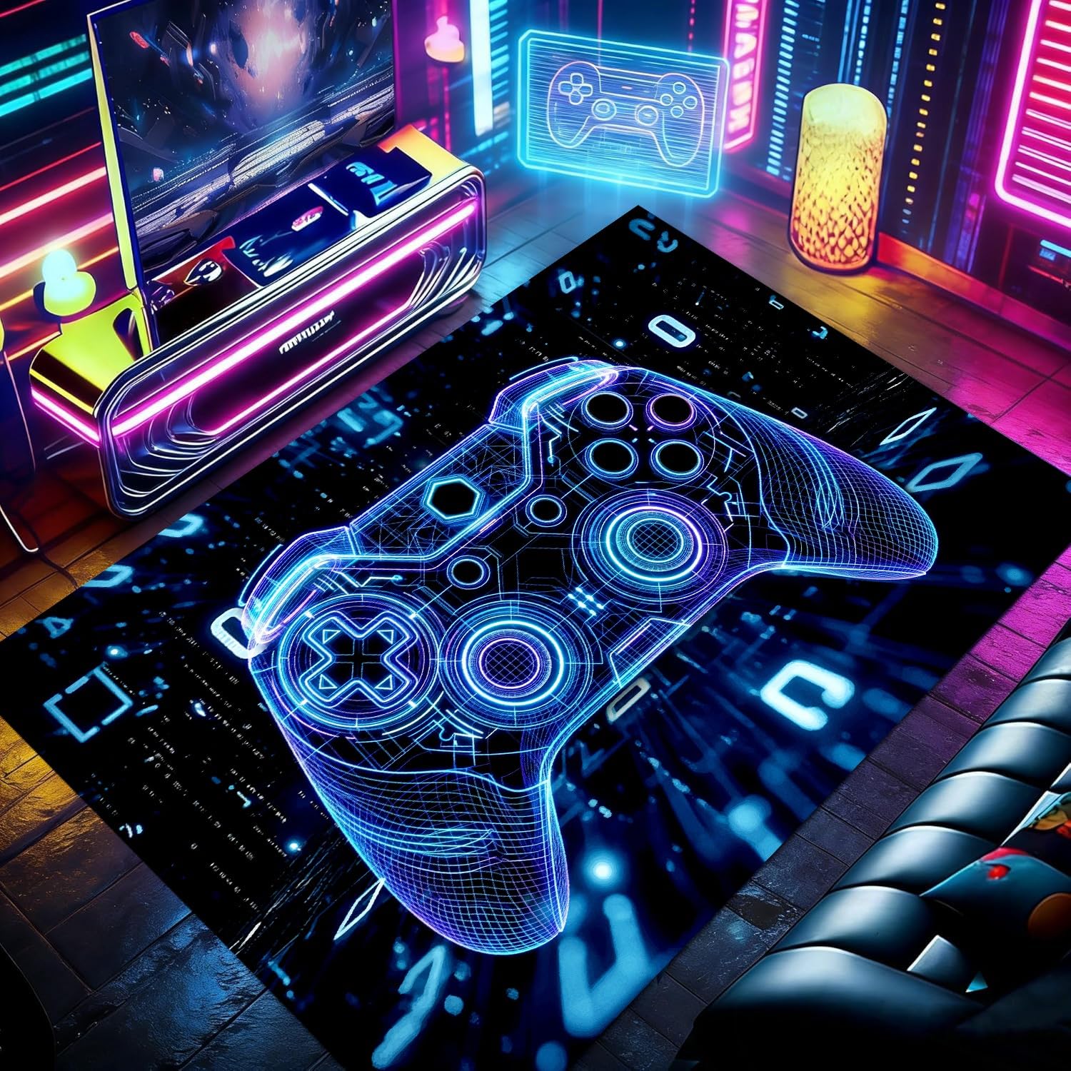 Gaming Teppich, 160x200cm Jungen Mit Coolem 3D Design im Stil Eines Blauen Controllers, Groß, Waschbar, Farbecht und rutschfest Teppich für Wohnzimmer, Schlafzimmer und Jugendzimmer.