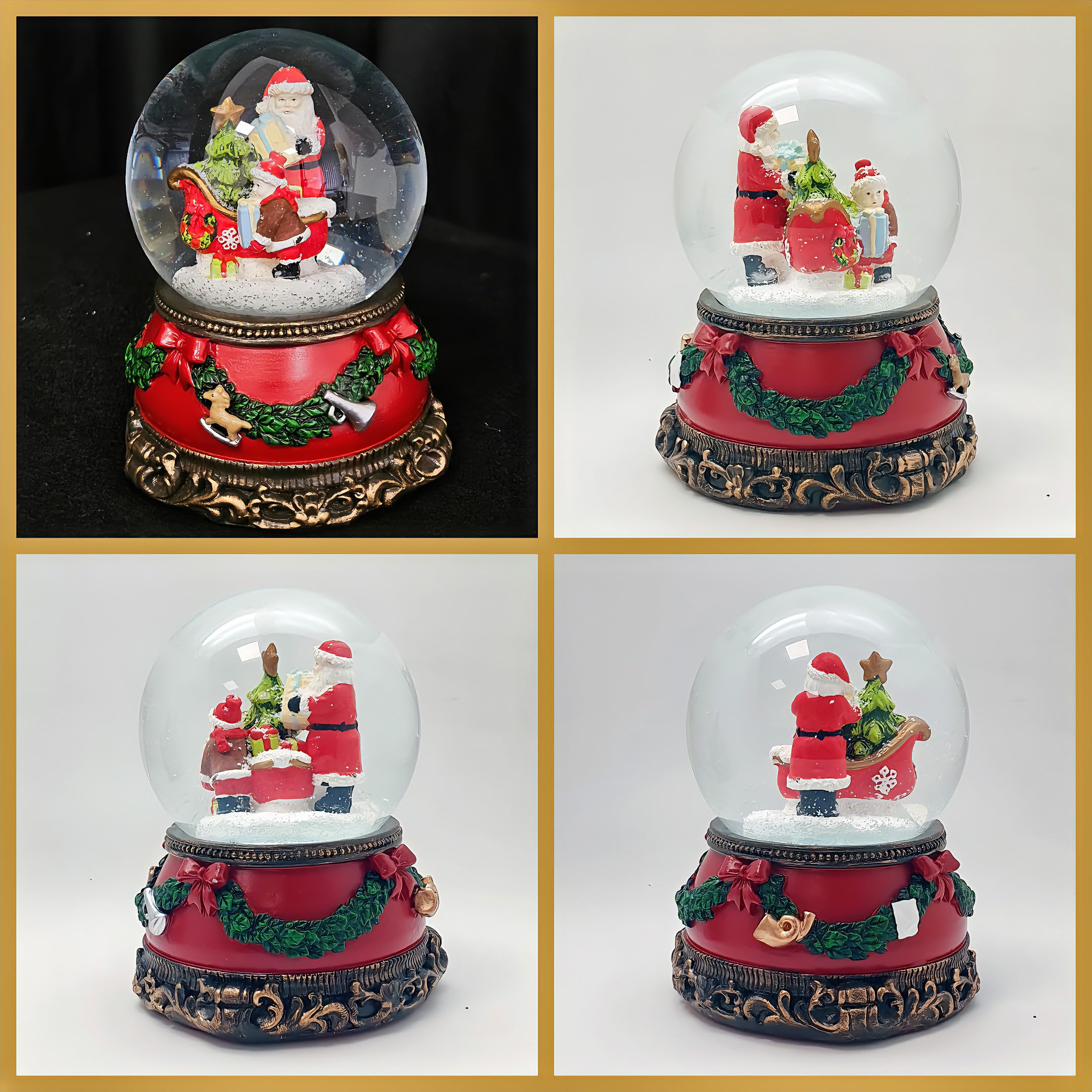 Schneekugel Weihnachten Spieluhr | Christmas Shopping | Weihnachtsmann mit Schlitten und Engel | Sockel Weihnachten rot Tannengirlande | mit Musik | Weihnachtsdekoration | B: 10 cm H: 14 cm | 20278