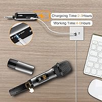 Vista 5 de VeGue Micrófono inalámbrico, juego de micrófono dinámico de mano dual UHF recargable con receptor recargable, para karaoke, fiesta, amplificador
