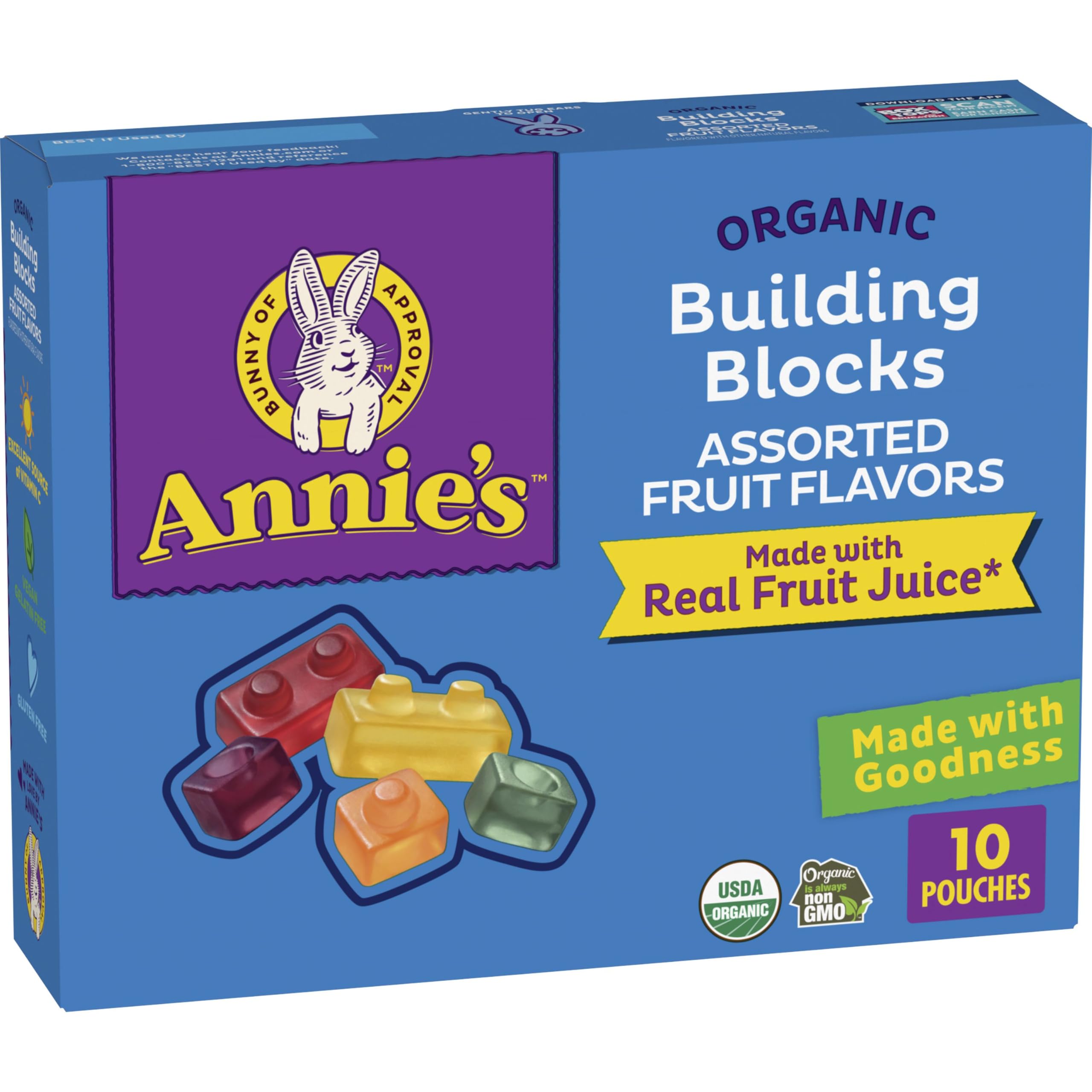 Annie's Organic Building Blocks Fruit Flavored Snacks, Assorted Fruit Flavors, Gluten Free, 10 Pouches, 7 ozUSDA Organic