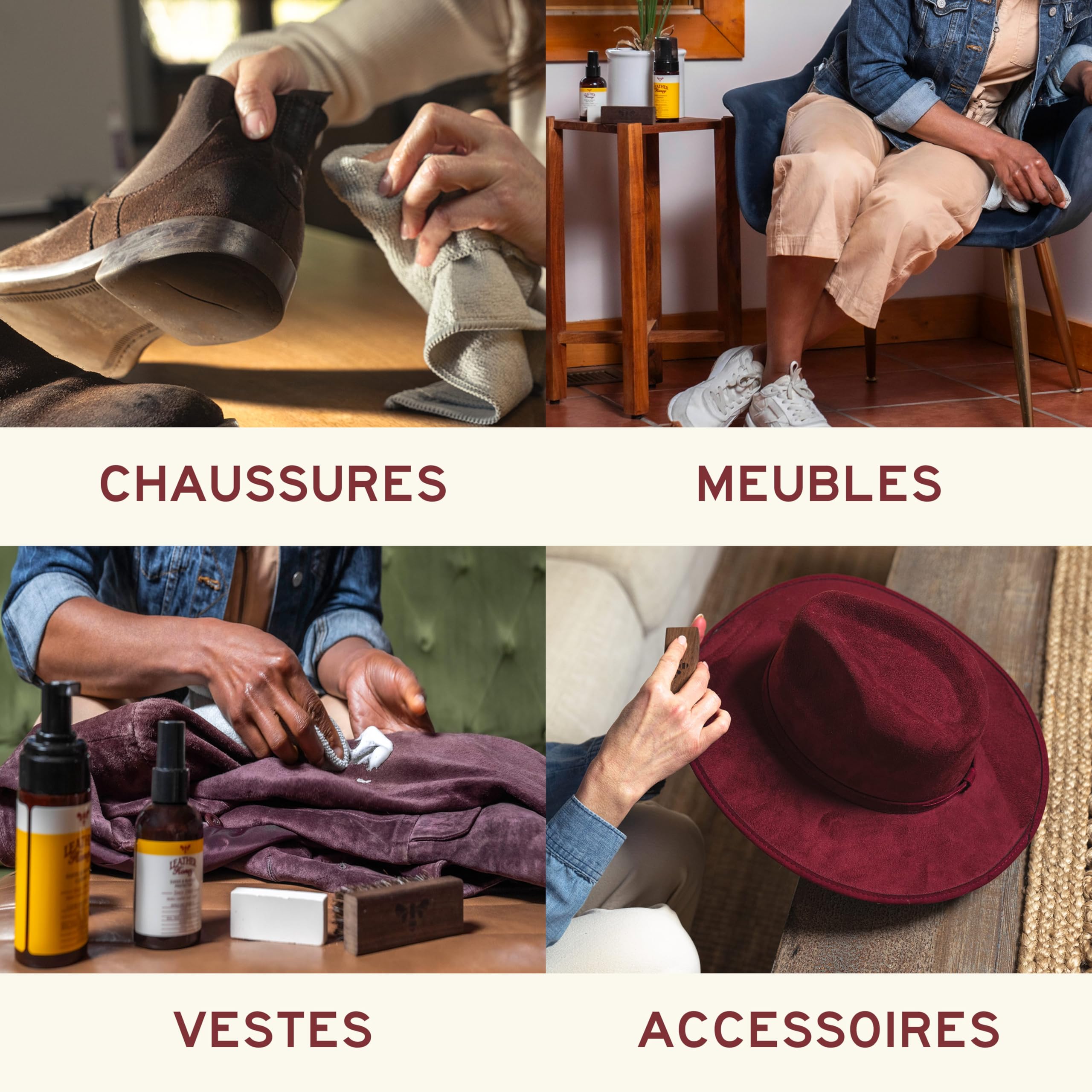 Kit d'entretien pour cuir, daim et nubuck : nettoyant, protecteur, brosse à daim et effaceur. Nettoie, protège et restaure chaussures, bottes, UGGs, meubles, vestes, sacs et vêtements. Toutes couleurs