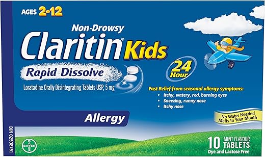 Claritin Kids Rapid Dissolve Allergy Medication - 24 Hour Non-Drowsy Kids Allergy Medicine, Antihistamines For Kids, Fast Allergy Relief Of Itchy, Watery, Red Eyes, Sneezing, Runny Nose, 10 Tablets