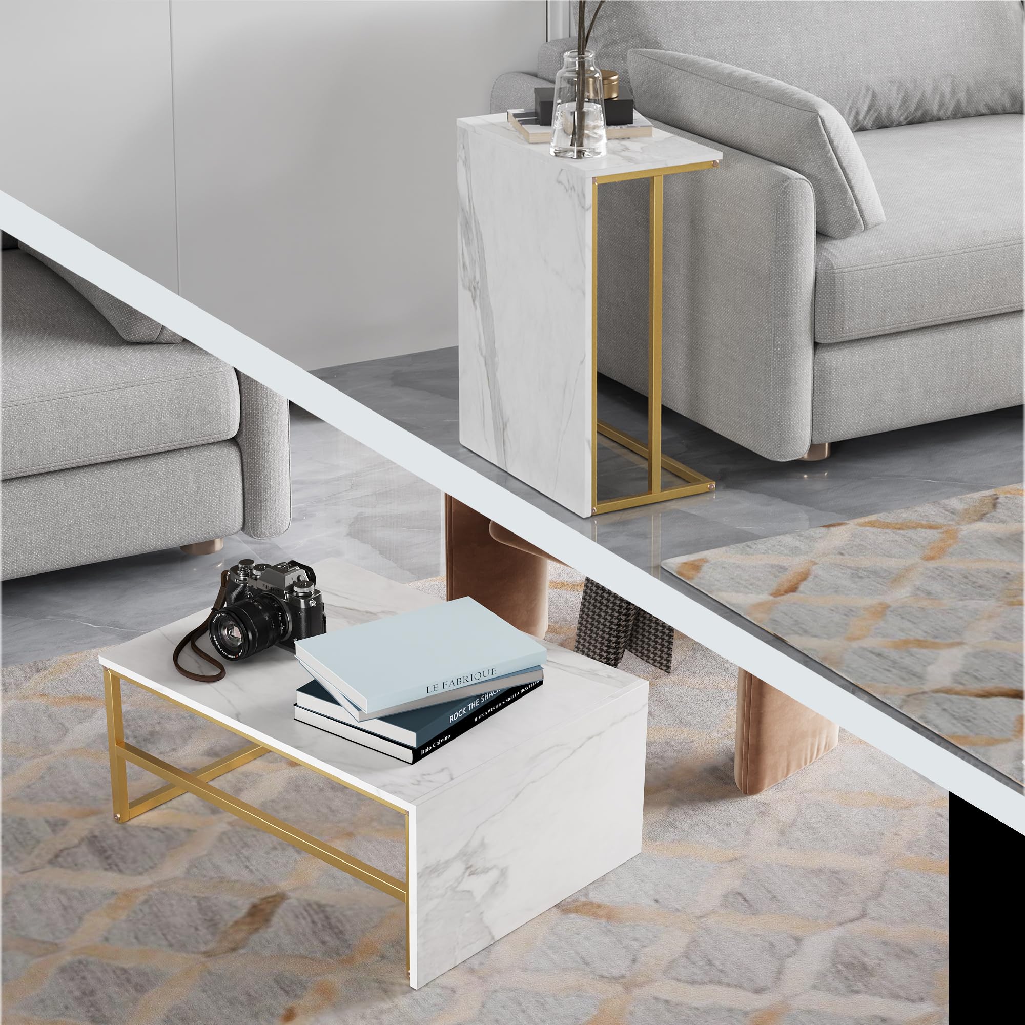 Juego de 2 Mesas de Salón Rectángulo: Mesa Centro + Auxiliar - Mesa de Café Anidables con Estructura Metal para Sala de Estar,Modernas,Blanco Dorado