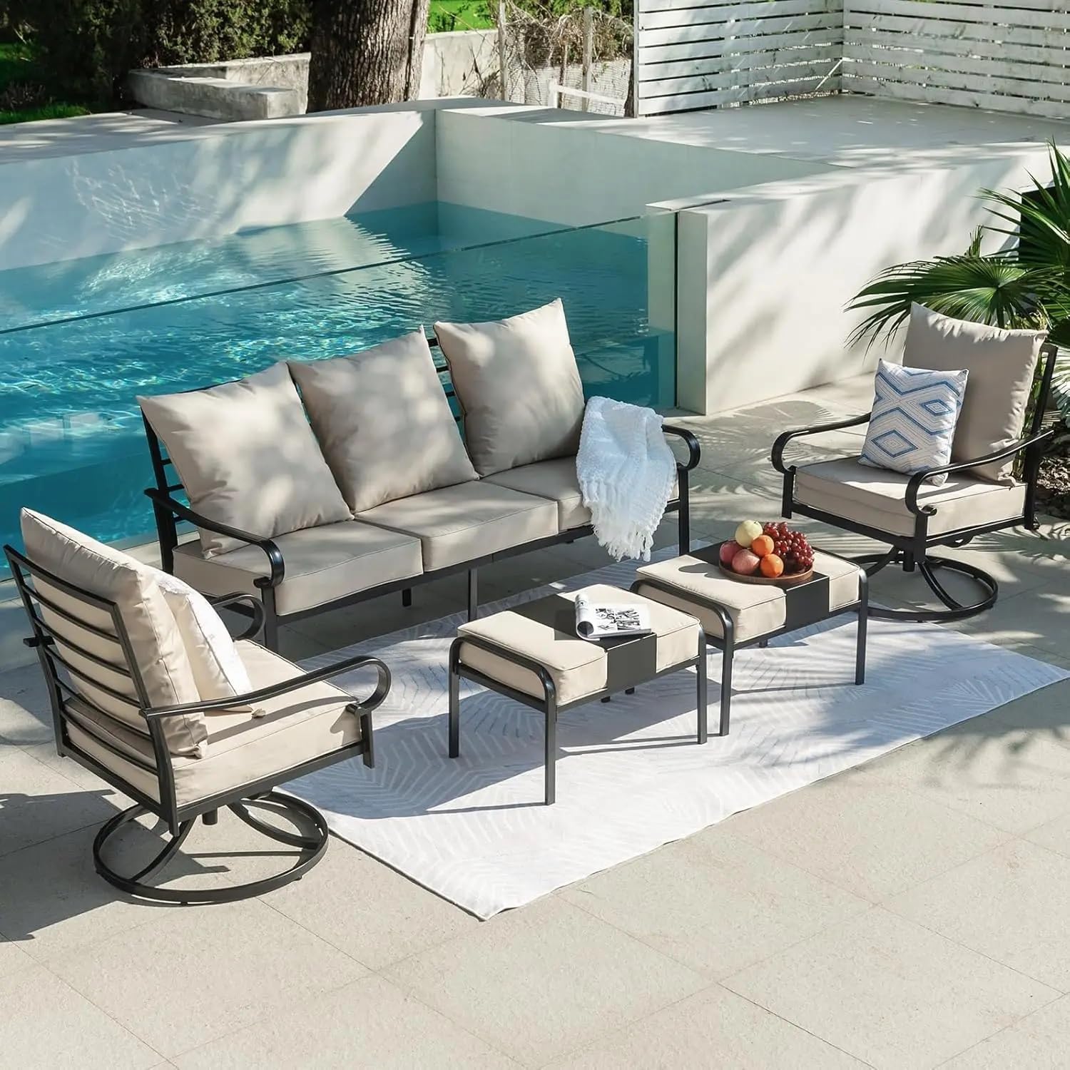 5 Piece Patio Furniture Set Metal Patio Conversation Set with 1x3 Seater Sofa 2xSwivel Chairs 2xOttomans Beige Deep Seat High Back Outdoor Sectional