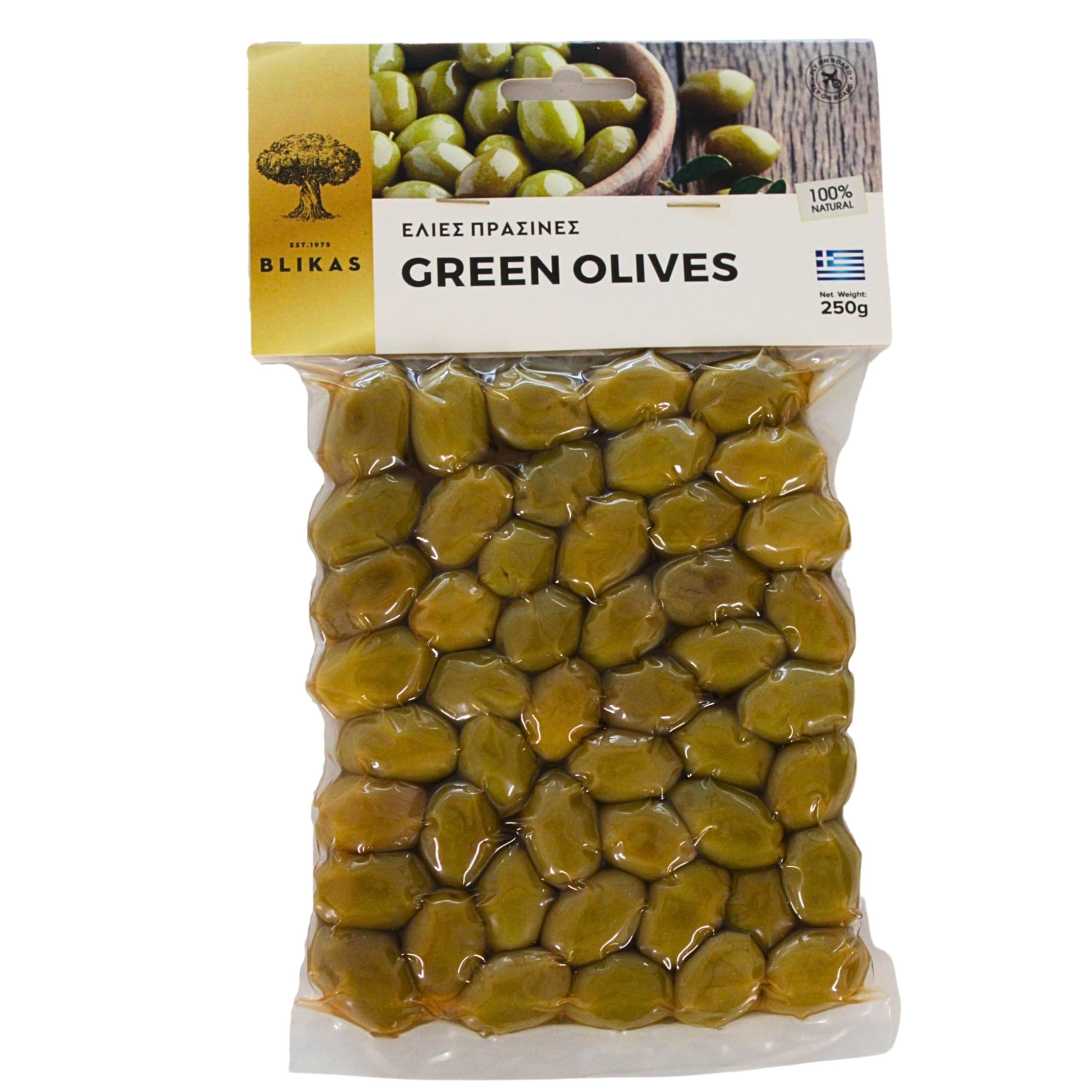 Blikas Greek Green Olives – Pack of 2 x 250g (Total 500g) – Handpicked, Whole Green Olives in Brine – Authentic Mediterranean Flavour
