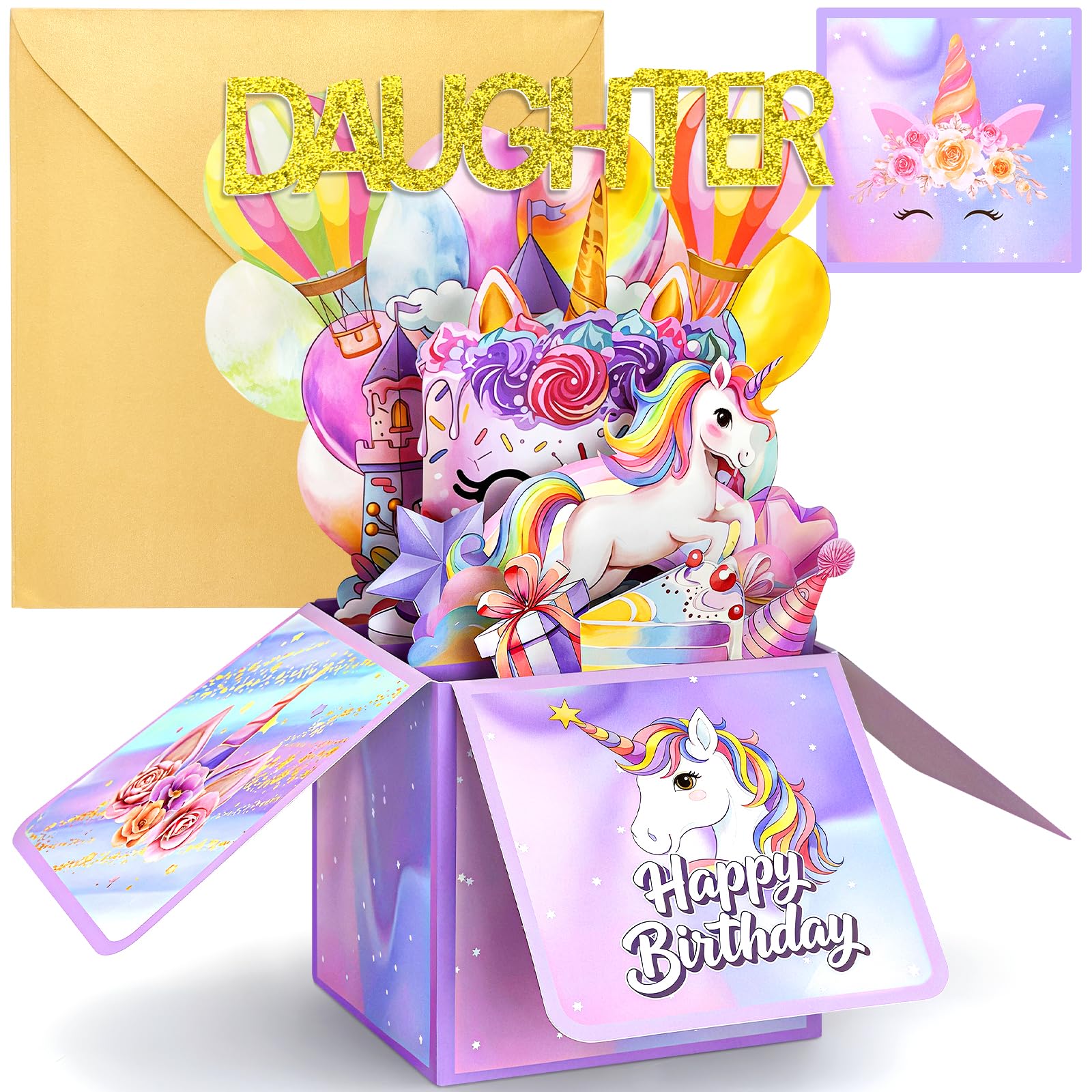 YianHien Unicorn Birthday Card for Daughter, Pop Up Daughter Birthday Card for Age 3-10 Girls, Unicorn Gifts for Girls with Princess Castle, Rainbow Balloons & Birthday Cake