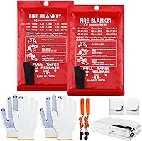 Copkim 2-Pack 39.3x39.3" Emergency Fire Blankets with Gloves, Whistles & Hooks - Fire Suppression for Kitchen, Home, Car, Office