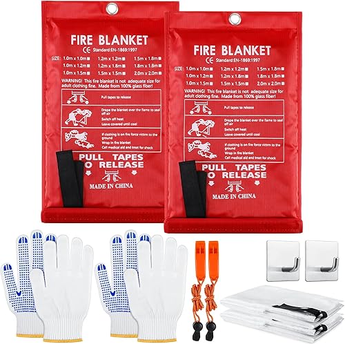 2 juegos de manta de emergencia contra incendios, manta térmica con silbatos de emergencia, ganchos y guantes para el hogar, cocina, chimenea,