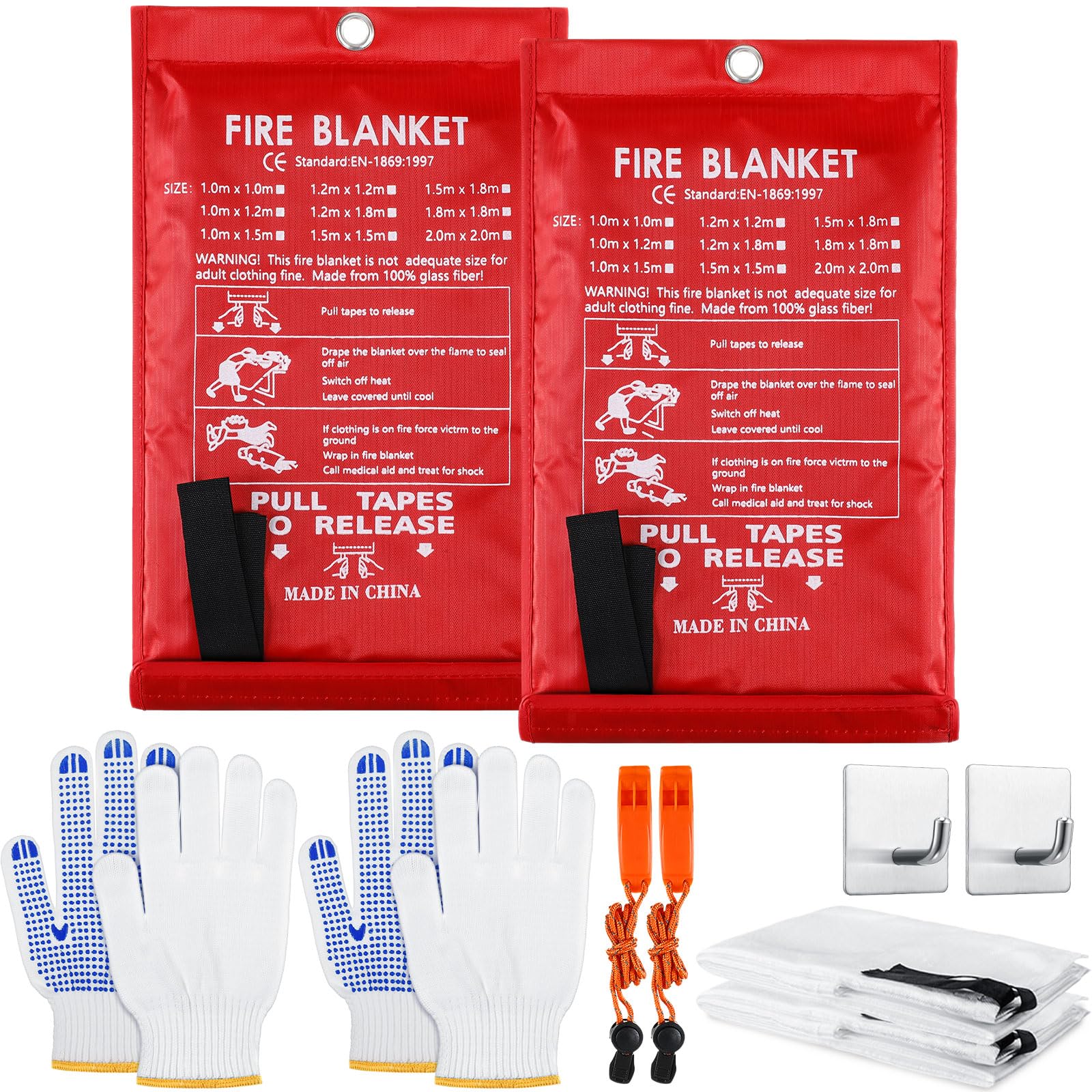 Copkim 2 Sets Emergency Fire Blanket for Home Fire Suppression Blanket Thermal Blanket Fire Blankets with Emergency Whistles, Hooks and Gloves for Kitchen, Fireplace, Car, Office, 39.3