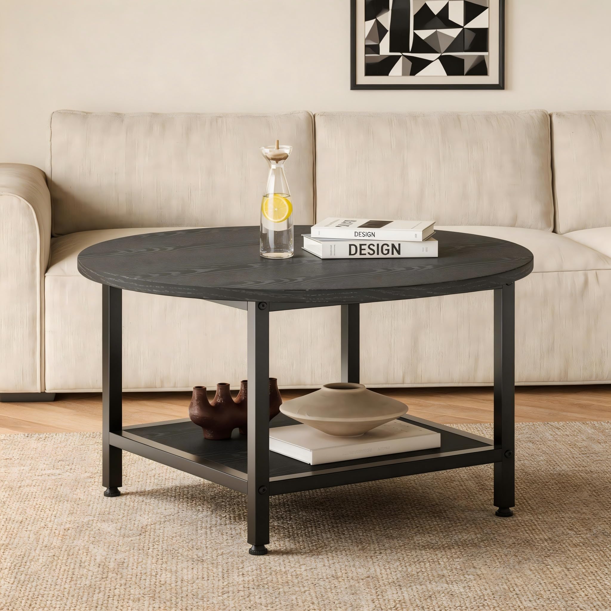 ARFARLY Round Coffee Table for Living Room, 2 -Tier Circle Coffee Table with Storage Shelf, Modern Center Table with Sturdy Metal Frame for Home Furniture, Black