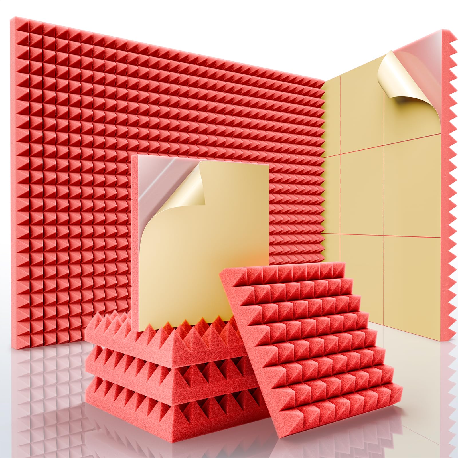 Panneaux acoustiques autocollants Sonicism lot de 12 mousses pyramide 35 kg/m³ rouge pour studio