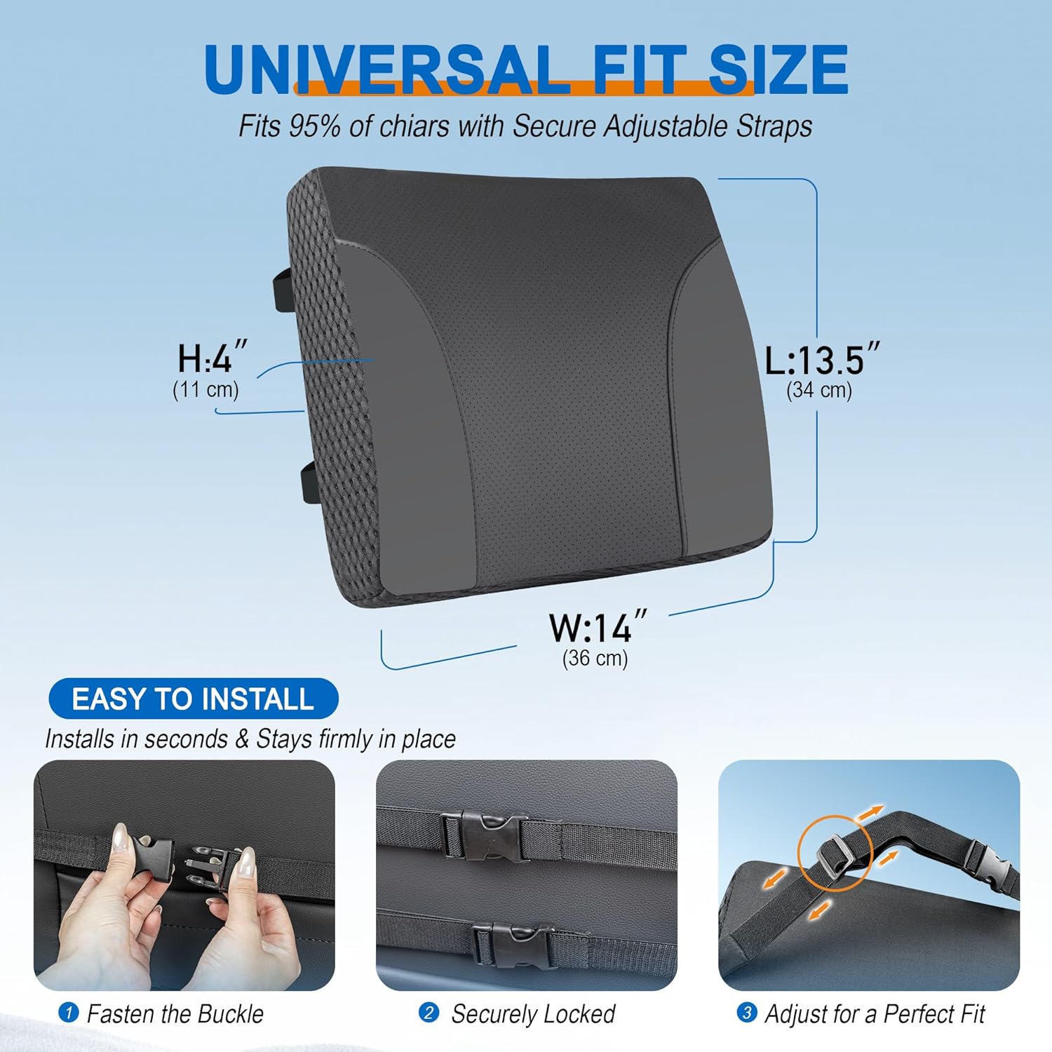 Lumbar Support Pillow for Car: Ergonomic Memory Foam Lumbar Pillow for Long Drives, Lower Back Support for Pain Relief, Dual Adjustable Straps, Back Cushion for Car Seat, Office Chair - Black