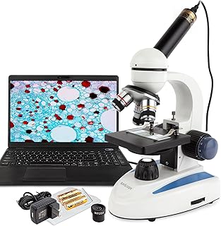 AmScope M158C-E Compound Monocular Microscope, WF10x and WF25x Eyepieces, 40x-1000x Magnification, Brightfield, LED Illumination, Plain Stage, 110V, Includes 0.3MP Camera and Software